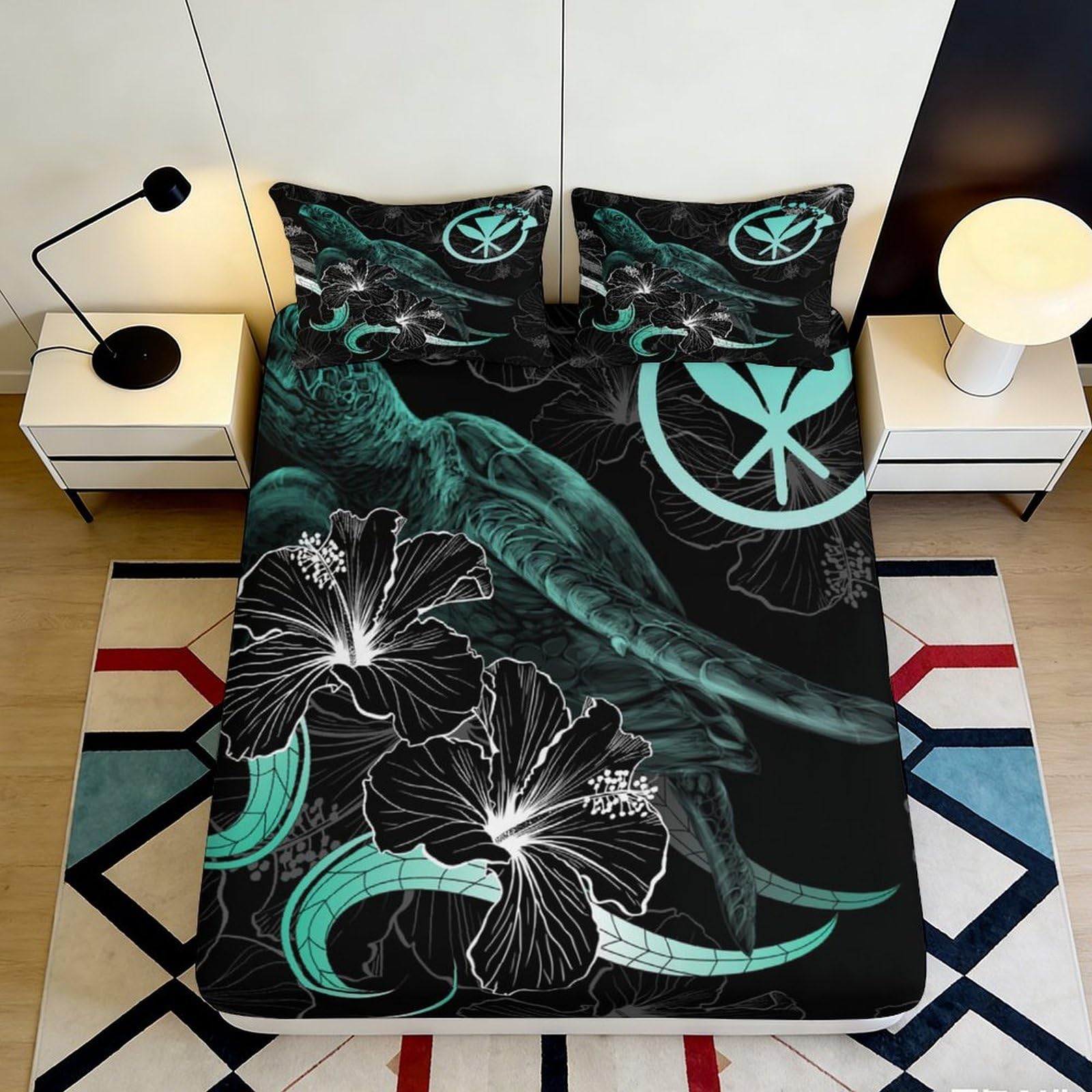 3D Printed Sea Turtle Fitted Sheet Microfiber Floral Soft Breathable Black Bed Cover with Hibiscus for Bedroom Dormitory Guest Room Decoration 90x200x25cm