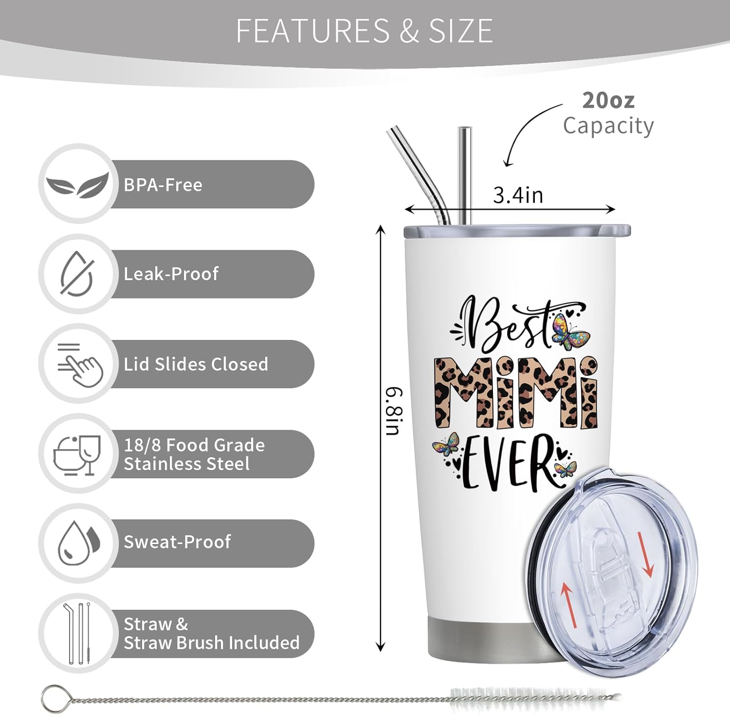 Mimi Gifts, Mimi Gifts for Grandma, Birthday Gift for Grandma from Grandkids, 20 oz Stainless Steel Tumbler With Lid & Straw - Image 2