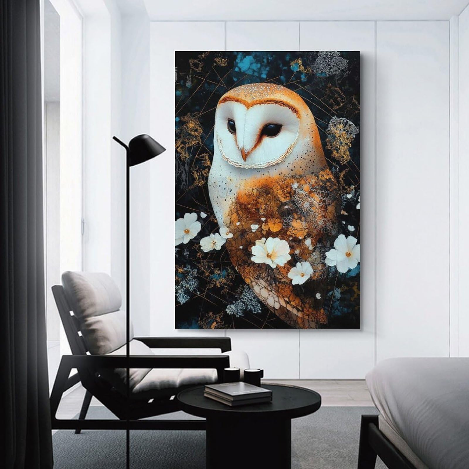 Junmoney Canvas Art Print Barn Owl with Floral Accents, 20x30inch(50x75cm), for Office, Study Or Home Workspace, Decorative Artwork for Productive Spaces