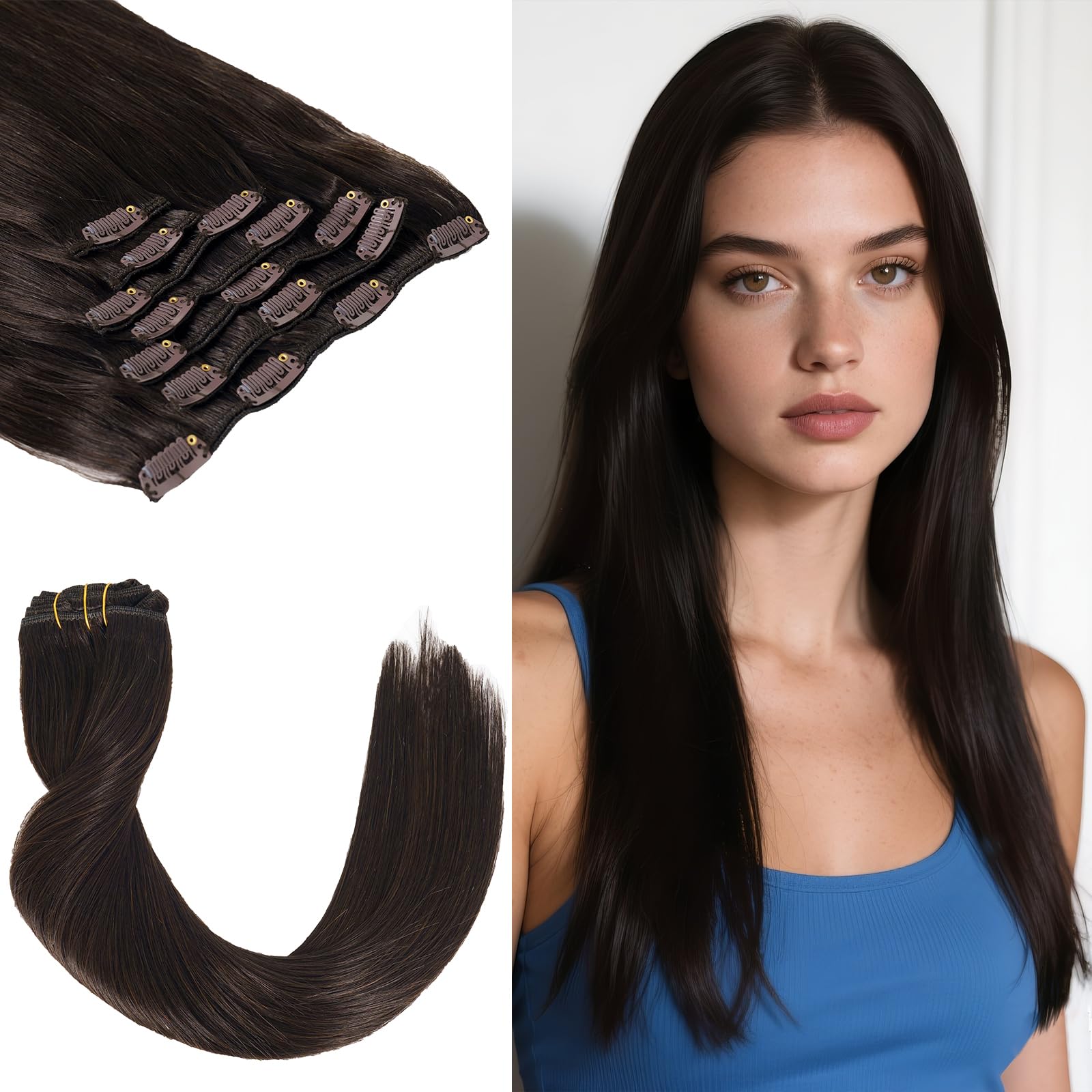 Clip in Extensions Echthaar 50 cm 120g Real Echtes Remy Extensions 7 Stücke Haarverlängerung Echthaar Clip Natürlich Glattes Haarteile Doppelt Genäht Haarextension (20in, 120g, #2)