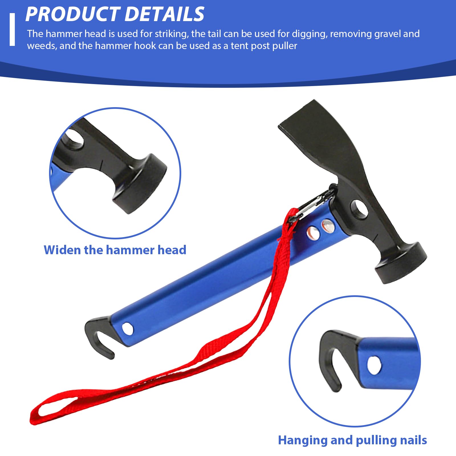 Marteau de camping 30,5 cm, marteau de camping avec crochet et mini-pioche, marteau en aluminium, marteau multifonctionnel pour piquets de tente avec sac de rangement (Bleu)