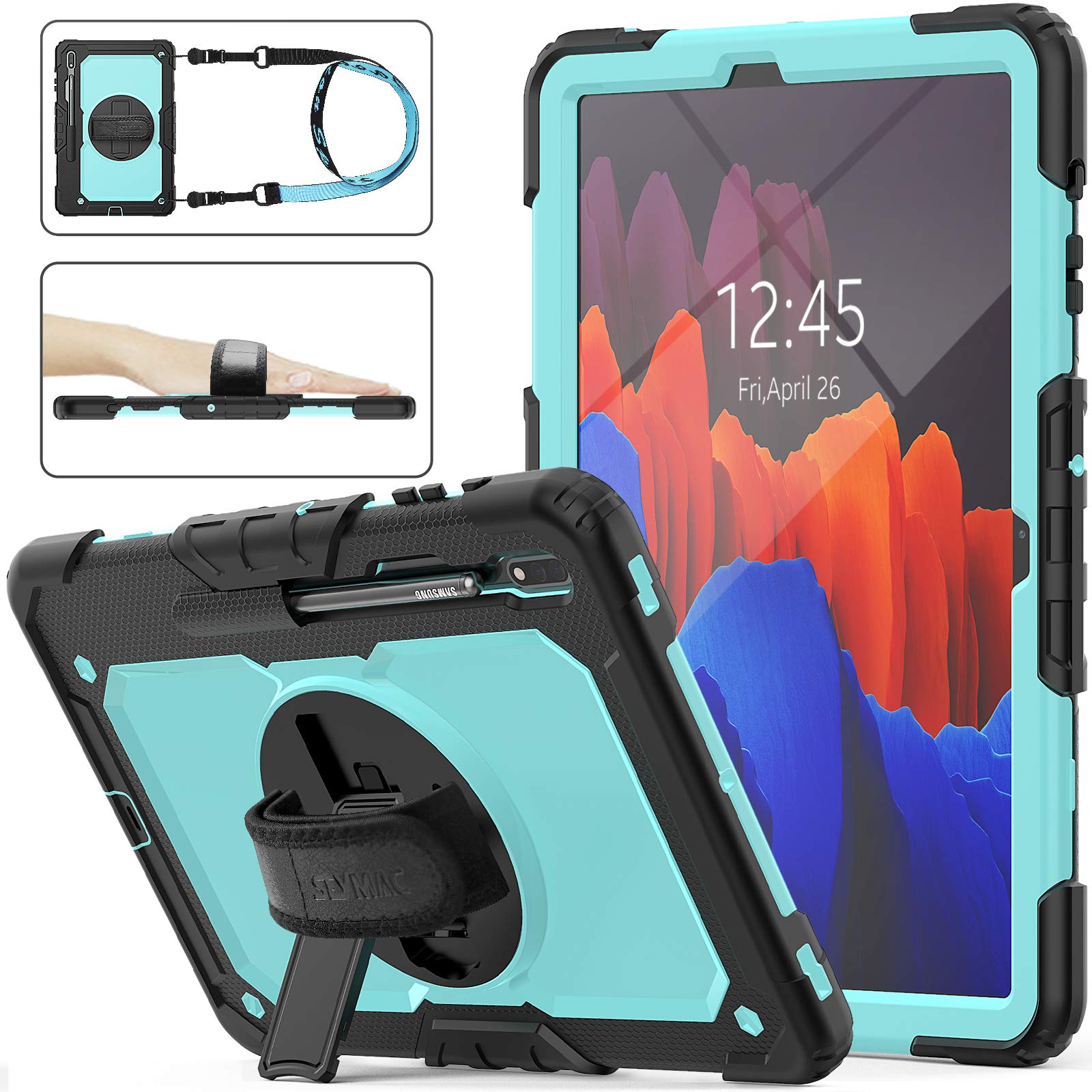 SEYMAC Stock Galaxy Tab S7 Plus Case 2020, [Full-body] Drop-Proof Protective Case with 360 Degrees Rotating Stand [Screen Protector] Hand Strap [Pen Holder] for Tab S7 Plus/ S7+ 12.4’’ (Skyblue+Black)