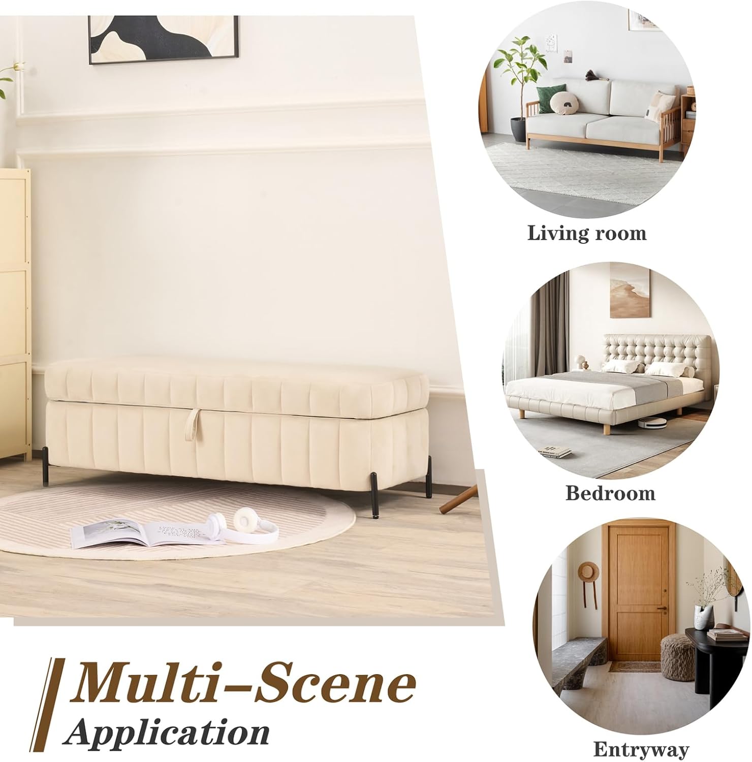 Mlmh & Kngwa 49.21" W Storage Bench for Bedroom Velvet End of Bed Benches Upholstered Storage Ottoman Modern Entryway Bench for Living Room, Beige
