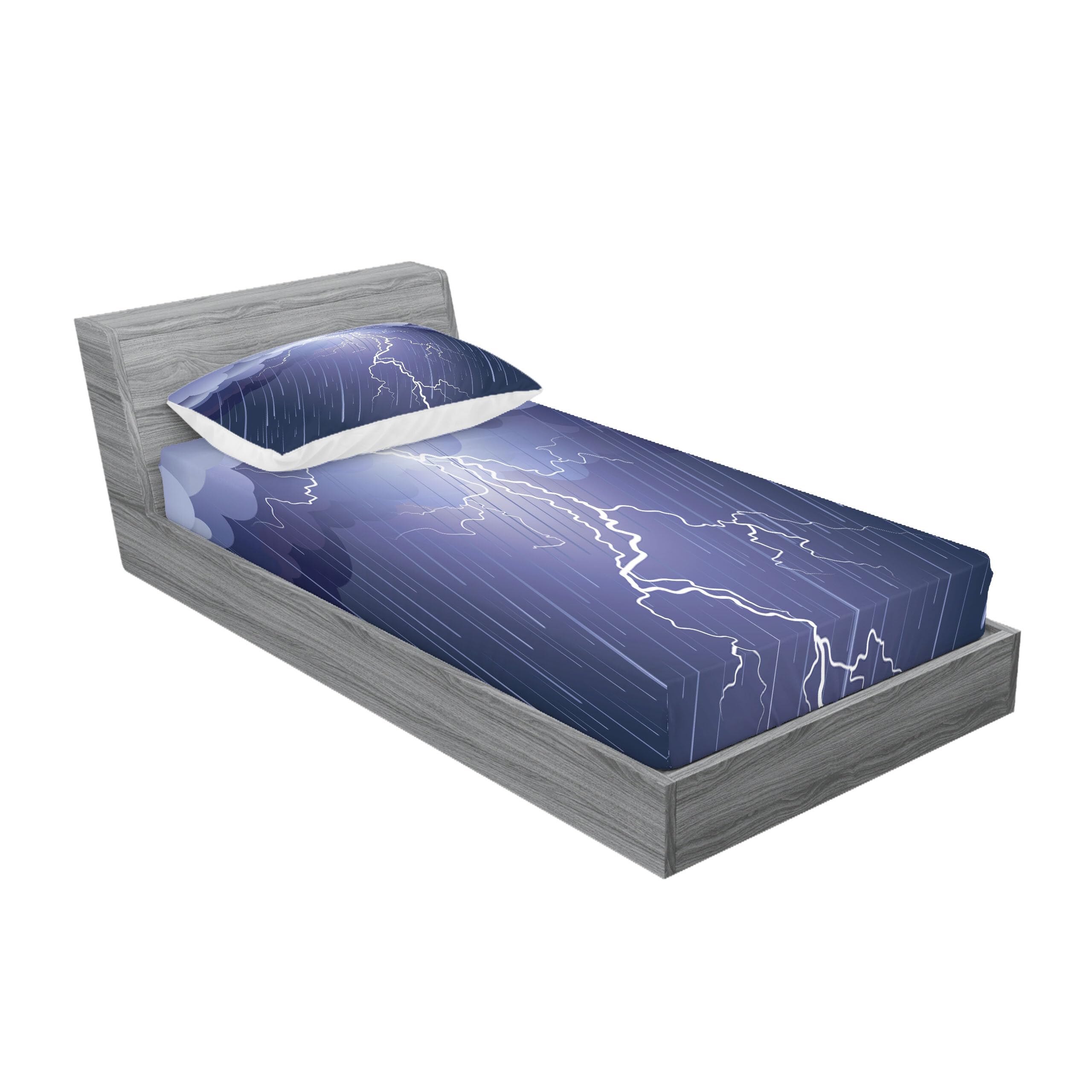 Ambesonne Night Fitted Sheet & Pillow Sham Set, Lightning Strike Thunderstorm in The Air at Dark Night Rainy Electric Force Bolts, Decorative Printed 2 Piece Bedding Decor Set, Twinxl, Lilac Purple