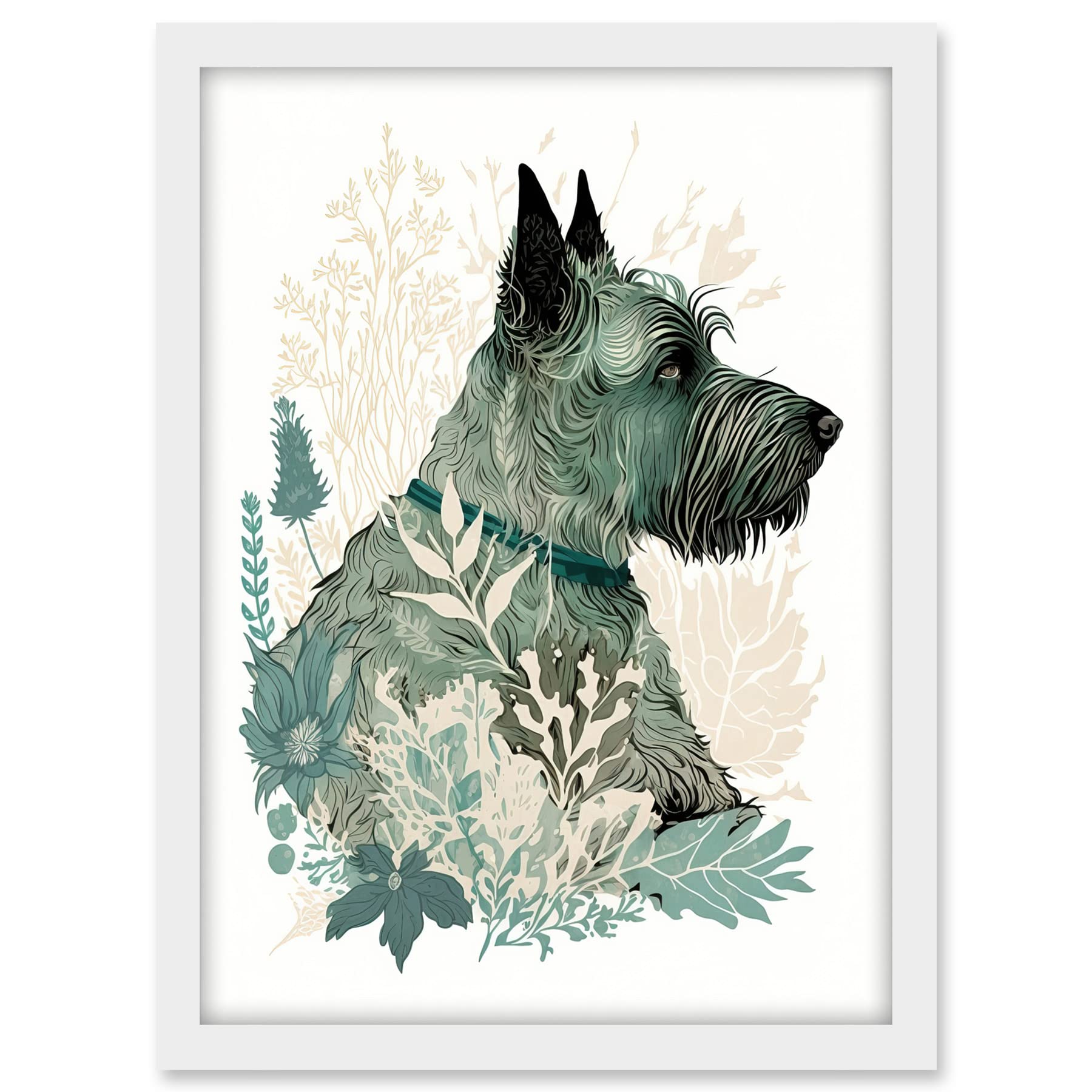 Artery8 Scottish Terrier Dog Lying in Flower Field Modern Teal Tan Illustration Artwork Framed A3 Wall Art Print