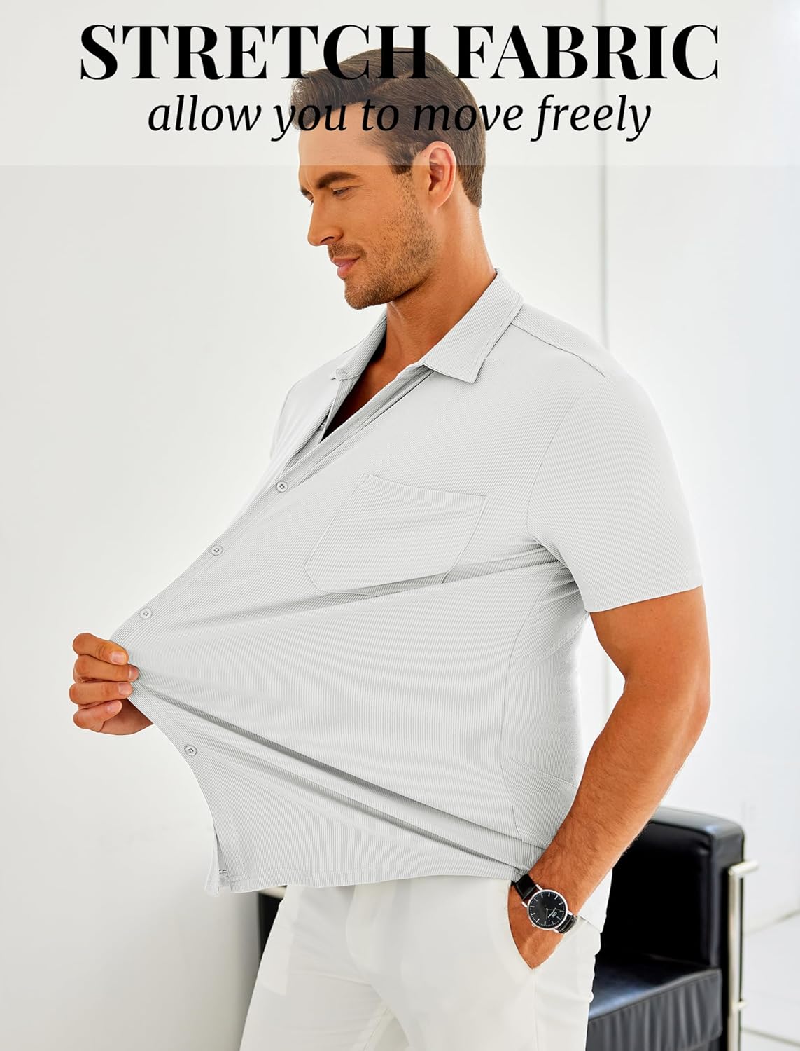 COOFANDY Men's Ribbed Button Down Shirts Short Sleeve Casual Shirt with Pocket Summer Beach Camp Tops - Image 6