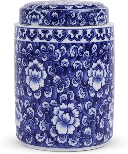 Miniatura 1 de Chinoiserie Tarro de jengibre de porcelana azul y blanca, tarro de almacenamiento de cerámica china con tapa, tarro azul decorativo para hogares
