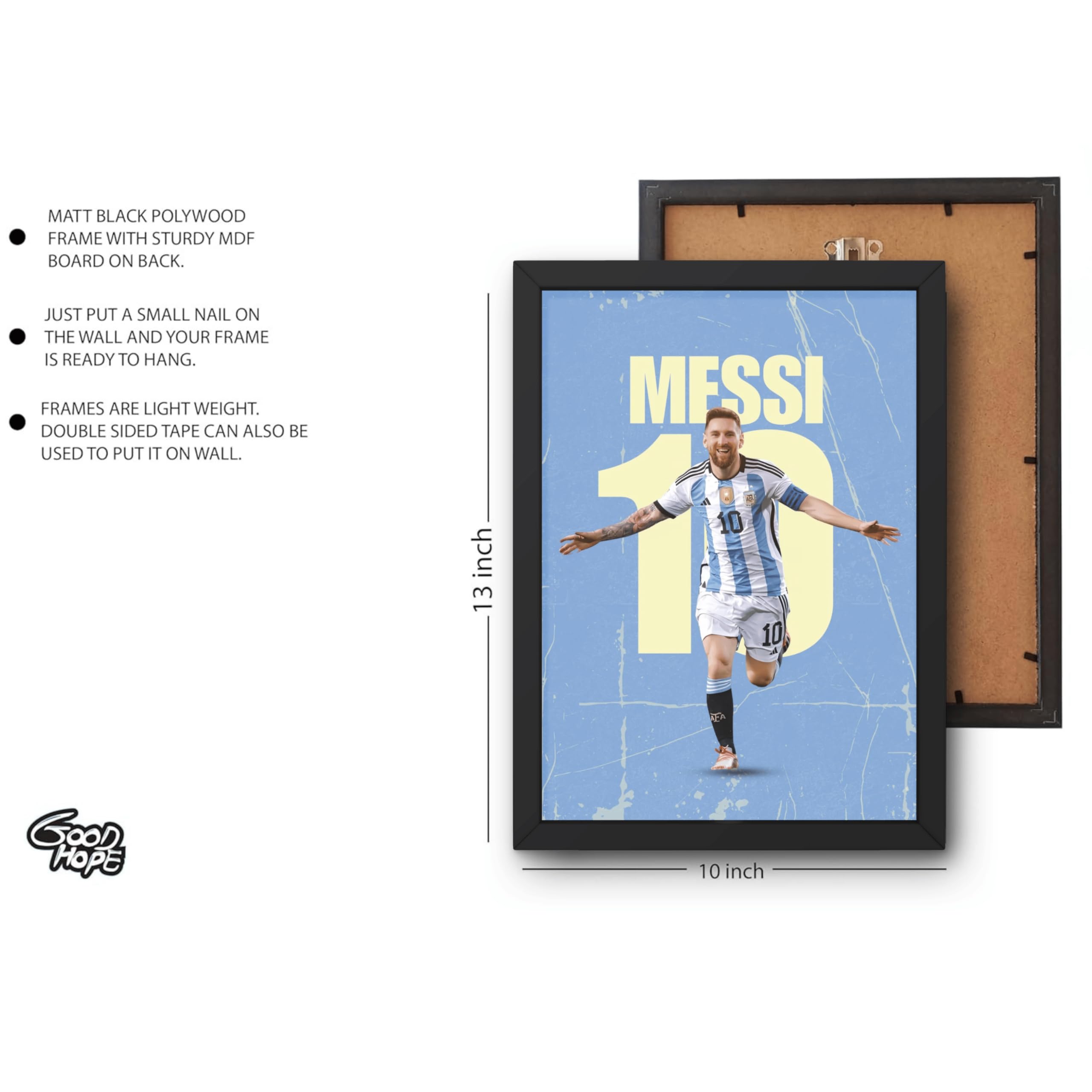 Good Hope Messi Framed Poster 10x13 Inch β Soccer Wall Art for Bedroom, Football Legend Decor, Gift for Fans, Boys & Men, Sports Room, Jersey, Wall Photo Frames, Footballers Framed Posters 4