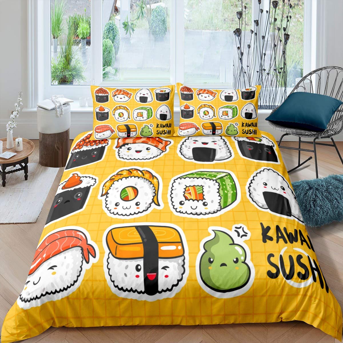 Feelyou Kids Cute Sushi Pattern Bedding Set Japanese-Style Comforter Cover for Girls Children Cartoon Japanese Sushi Duvet Cover Breathable Yellow Grid Plaid Bedspread Cover Room Decor Twin Size