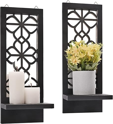 Miniatura 5 de Juego de 2 candelabros para decoración de pared, portavelas de pared de madera rústica negra con espejo, arte de granja para sala de estar, comedor,