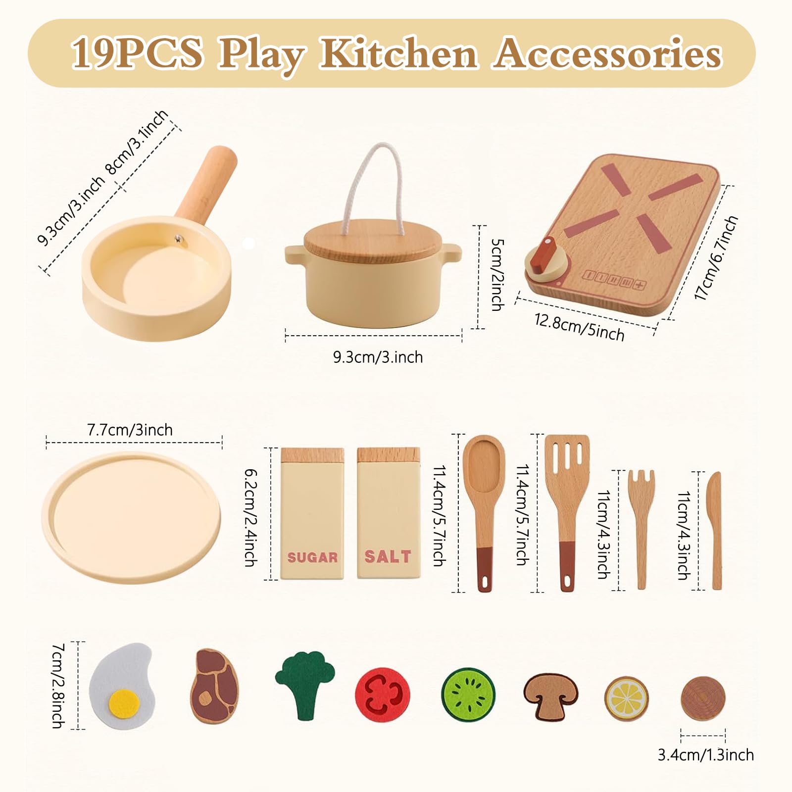 Pentole Giocattolo per Bambini, Accessori Cucina Giocattolo Legno, Set di Pentole e Padelle in Legno, Utensili Cucina Bambini con Posate e Cibo, Giochi di Ruolo per 3 4 5 6 Anni