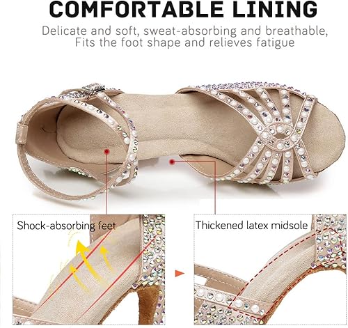 Miniatura 3 de JUODVMP Zapatos de baile latino para mujer, zapatos de baile de salón de satén con diamantes de imitación, zapatos de baile profesionales para salsa