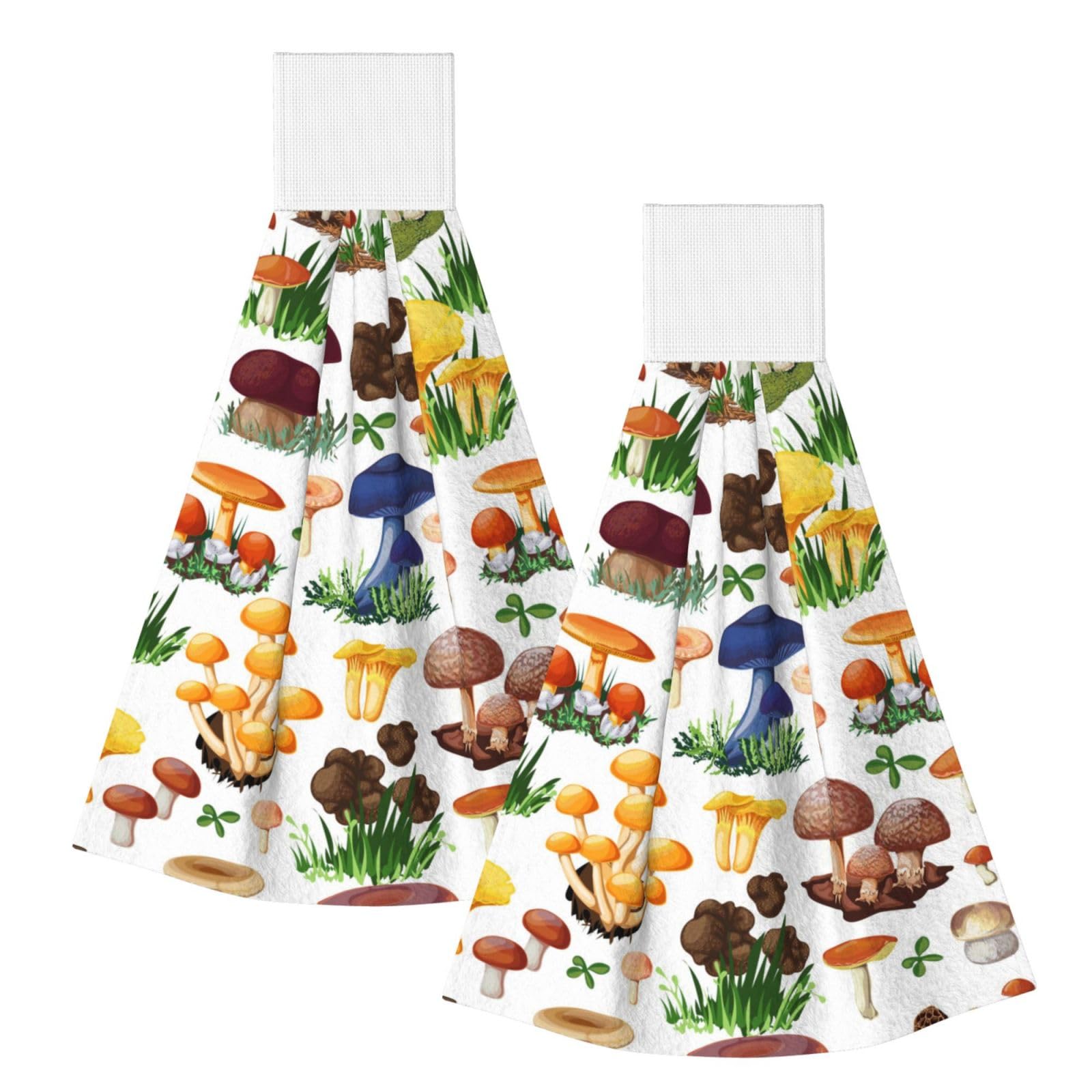 DOPKLNA Japanese Painting Mushroom, 2 Pcs Hanging Coral Fiber Hand Towels for Bathroom, Absorbent Kitchen Towels