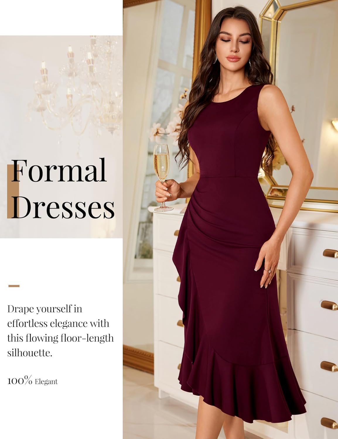 Aupuls Long Ruffel Wedding Guest Dresses for Women Elegant Sleeveless Ruched Waist Formal Prom Dress - Image 4