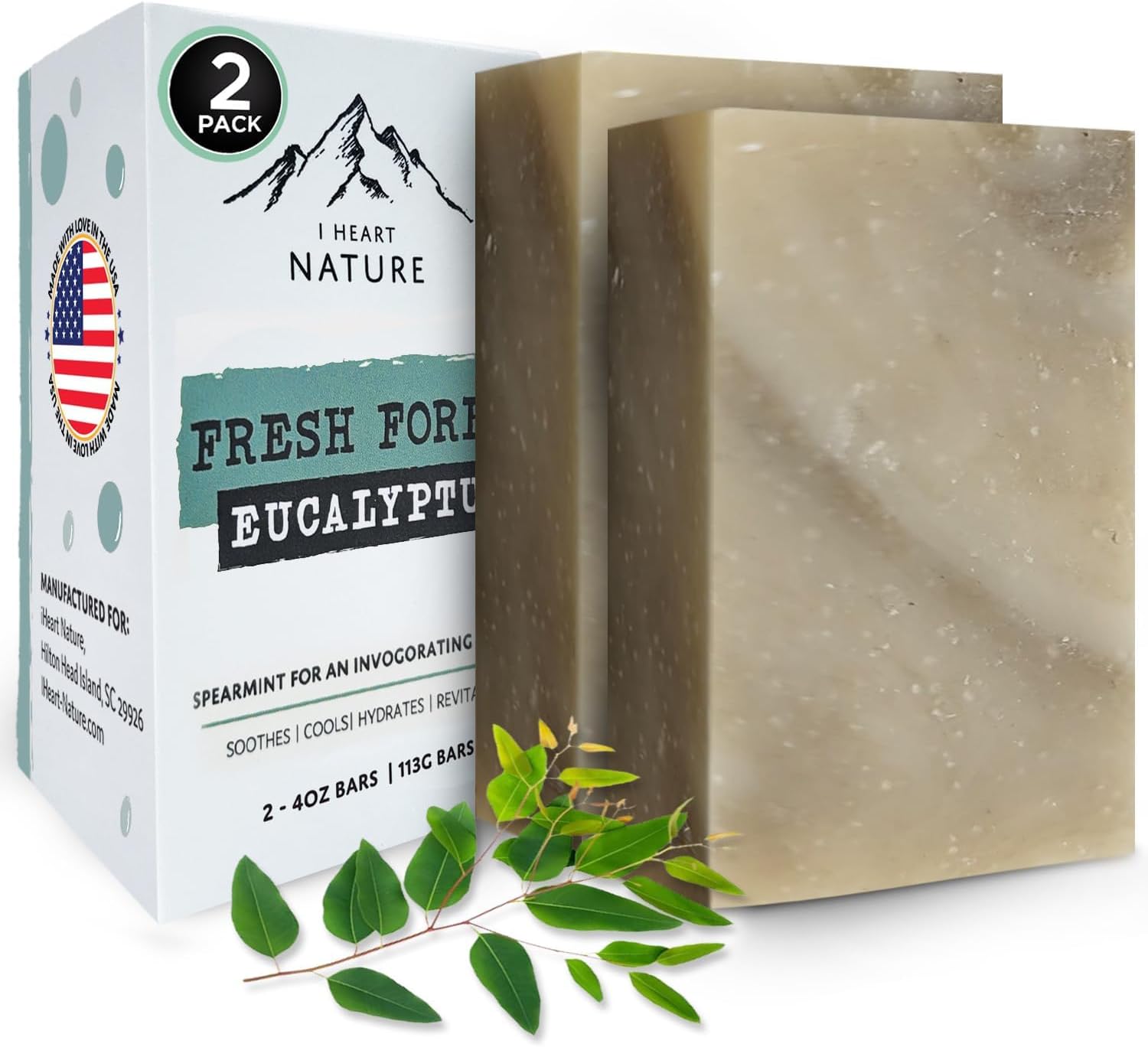 Fresh Forest Eucalyptus Soap Bar (2 Pack) with Spearmint for an Invigorating and Soothing Cleanse - Face & Body Wash - Infused with Shea Butter for Rich Creamy Lather & Long-Lasting Freshness