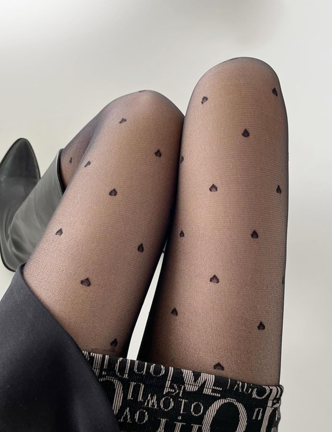 2 Pairs Black Patterned Tights for Women, Sheer Nylon Stockings with Back Seam, Polka Dots, Hearts, S-XL - Image 2