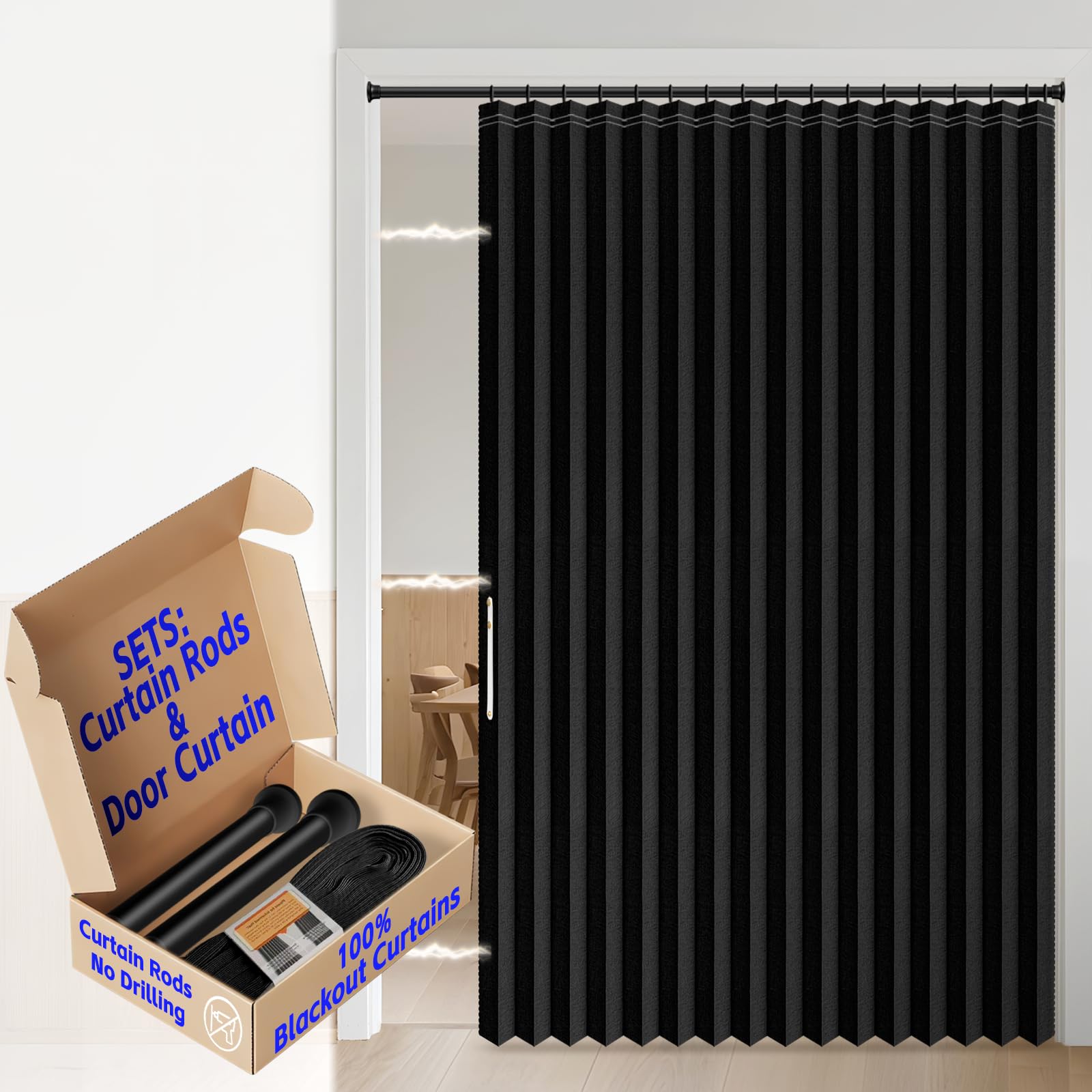 AJAZZ Blackout Sliding Door Curtains with Curtain Rods Adjustable 28-63" Long, Magnetic Door Curtain for Bedroom Living Room Doorway Curtain Sets (1 Pack, 72 W x 78 L, Black)