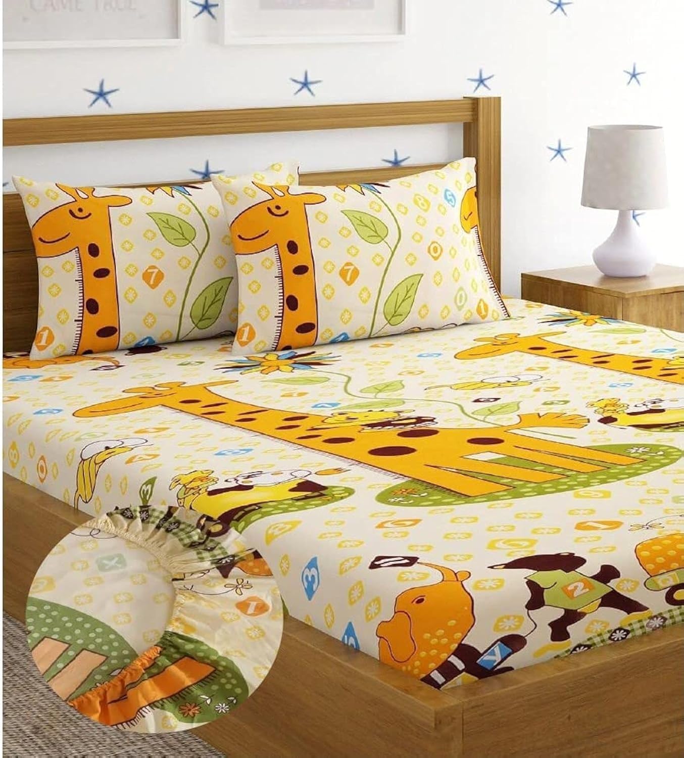 Home Sizzler 144 TC Microfibre Kid's Giraffe Elastic Fitted Double Bedsheet (72X78 inch) with 2 King Size Pillow Covers, Yellow…