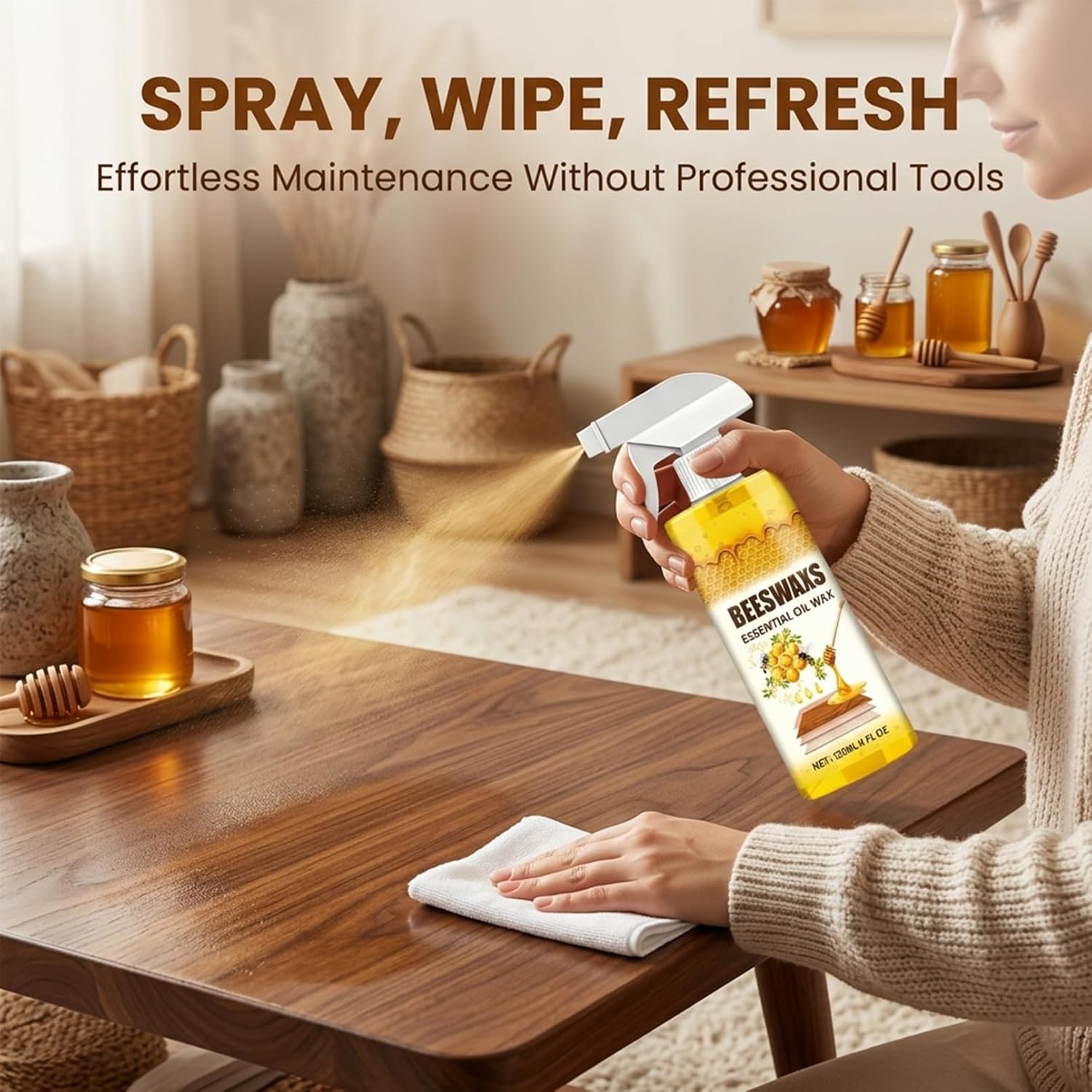 RAINPOT SAKER Beeswax Furniture Polish Spray, Natural Wood Polish Cleaner – Beeswax Care Agent for Wooden Furniture, Floor, Leather & Painted Surfaces, Living Room Kitchen Multi-Surface Use (3pcs)