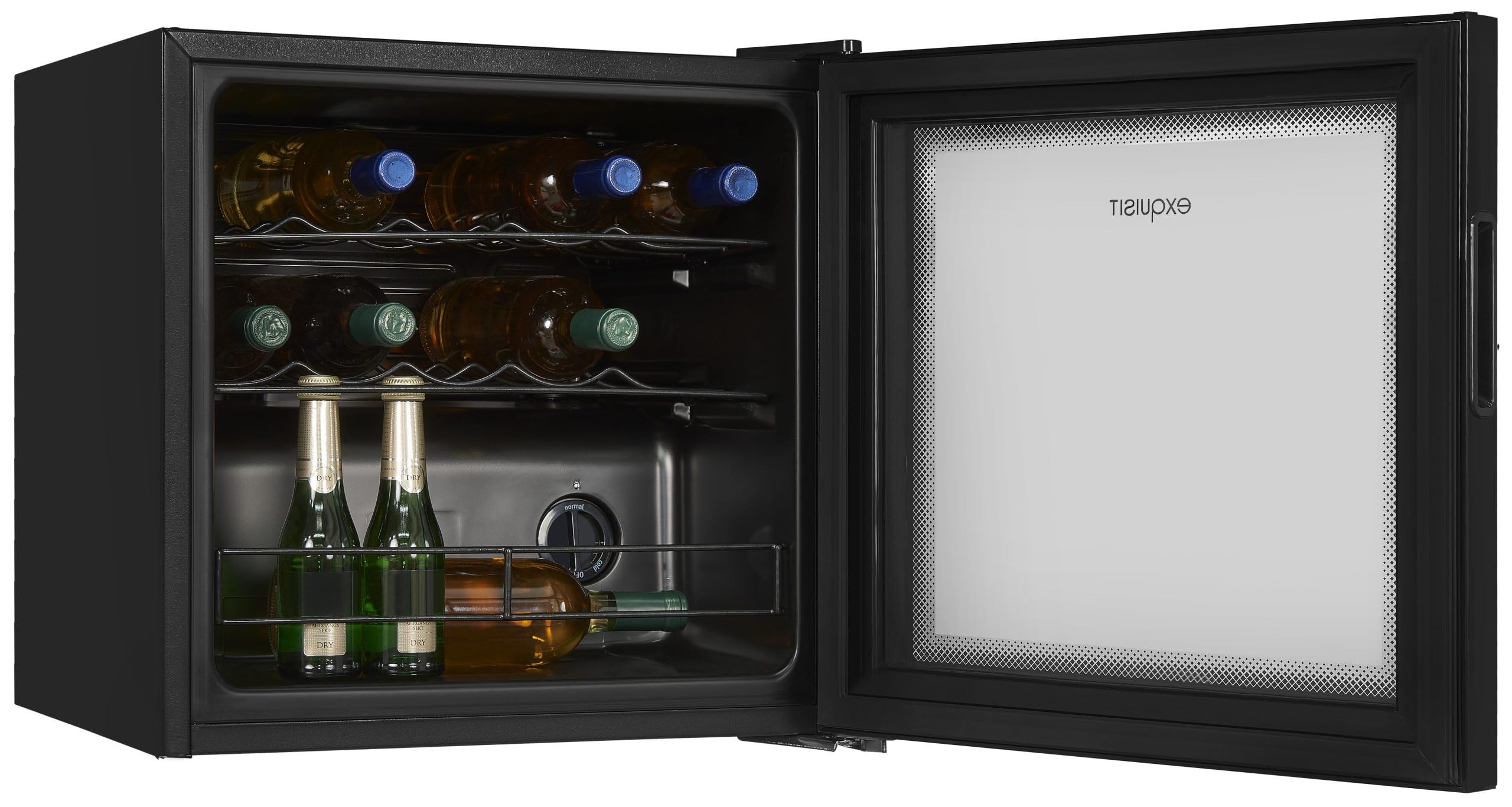 Exquisit® Vinoteca, 12 Botellas, Clase G, Rango de Temperatura de 5ºC a 18ºC, 2 Estantes Metalicos, Tirador Integrado, Altura Regulable, Consumo 130 kWh/año, Medidas 49,2x48x44 Cm.