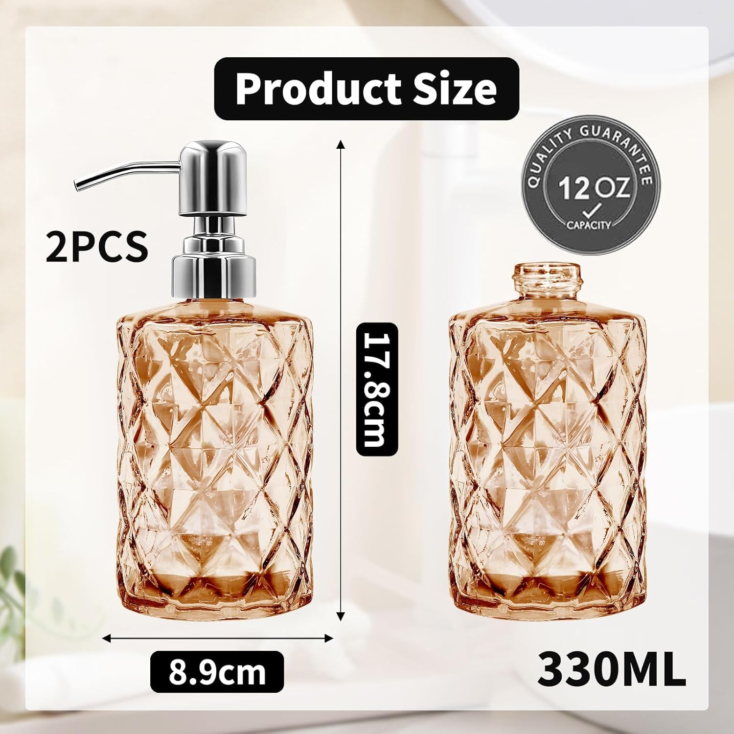 2 Pack 12 Oz Glass Soap Dispenser with Stainless Steel Pump, Refillable Liquid Hand Soap Dispenser for Bathroom, Vanity Countertop, for Kitchen, Laundry Room, Home Decor Accessories (Multicolour) 1