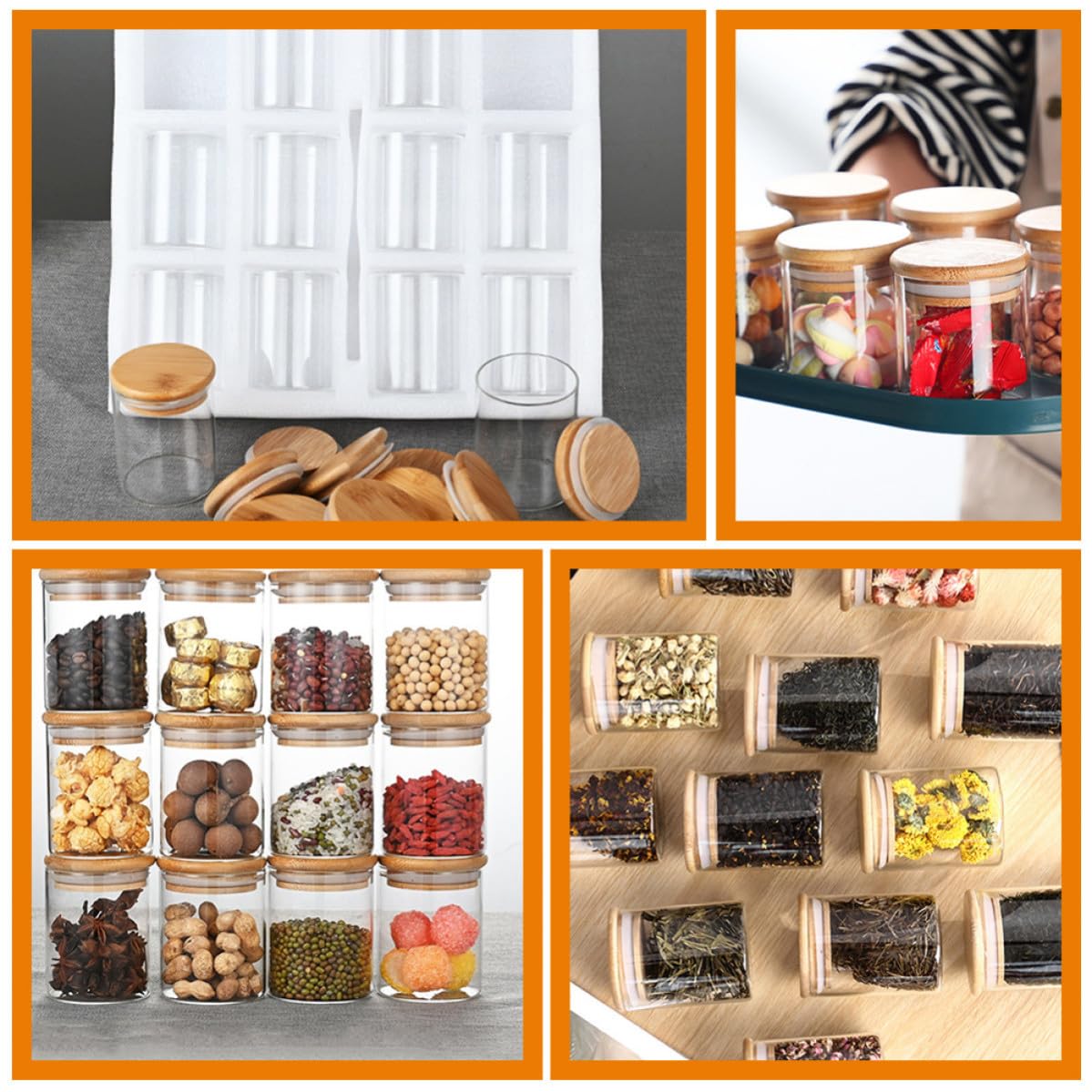 Tarro de Cristal 250ml con Tapa de Bambú, Juego de 12 Unidades | Boca Ancha, Vidrio y Silicona, para Café, Té y Especias, Formato Compacto de Cocina