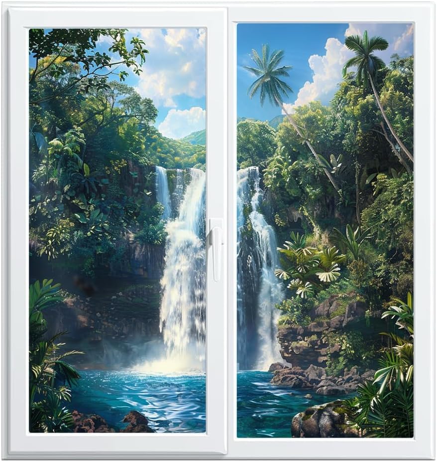 Modern Waterfall Stained Glass Window Film, Rustic Forest Plants Beautiful River Peel and Stick Frosted Privacy Film, Adhesive Vinyl Decorative Bathroom Windows Glass Doors, 15.7Wx23.6L inch x2 Pcs