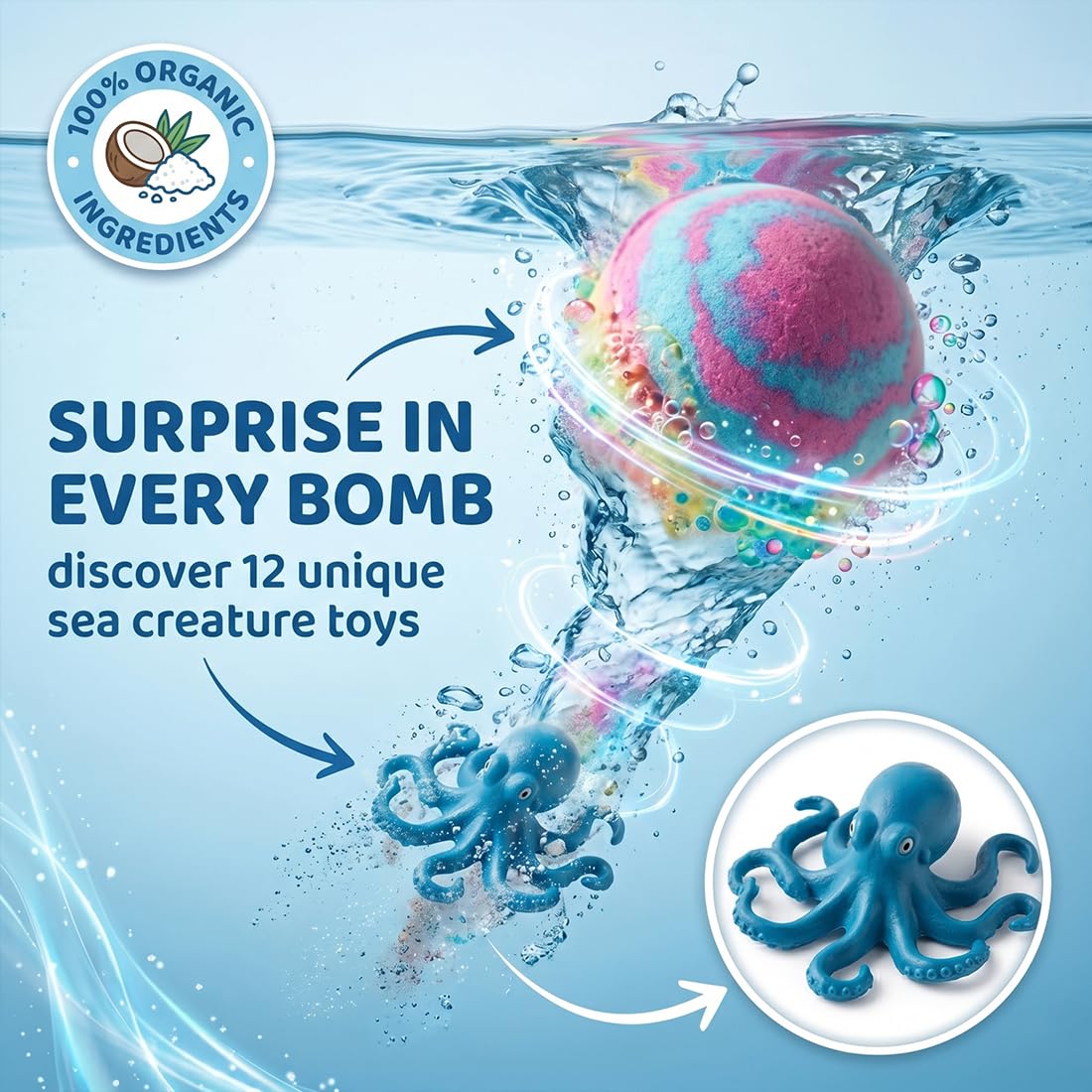 Bomba da doccia al profumo di mare, confezione regalo da 13 pezzi con figurina a sorpresa, idratante e lenitiva: il regalo perfetto per la casa.