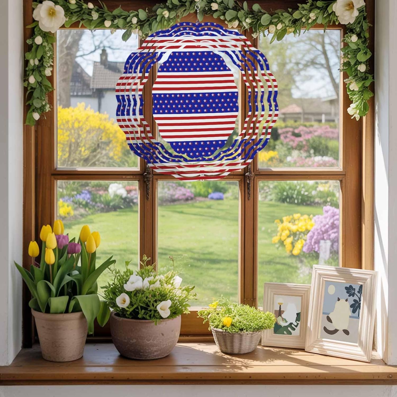 Independence Day Stars and Stripes Wind Spinner for Garden Yard 3D Stainless Steel Hanging Wind Spinners, Patriotic American Flag Spinners Outdoor Metal Decor for Lawn Patio Home