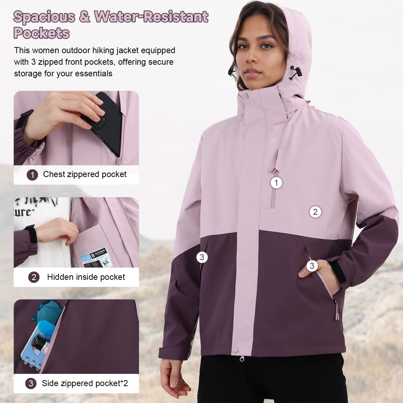 Vestes de Pluie pour Femmes Imperméable à Capuche Combinaison de Pluie de Randonnée Légère pour Dames Coupe-vent Complet à Fermeture éclair en Plein air