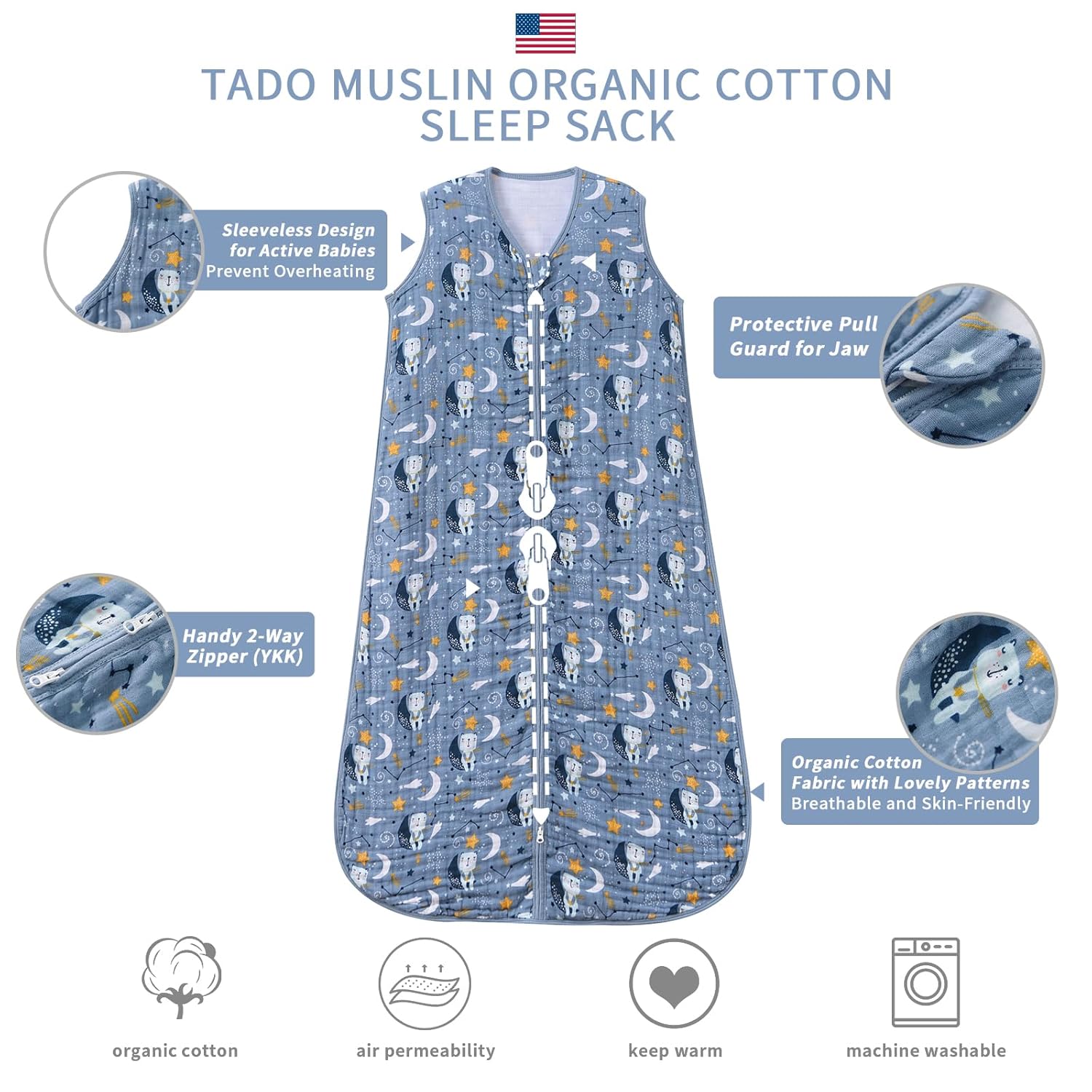 Baby Sleep Sack 2-4 T Boys & Girls Wearable Blanket 100% Organic Cotton 0.5 TOG Toddler Sleeping Sack 2- Way Zipper X-Large Muslin Blue Bear - Image 3