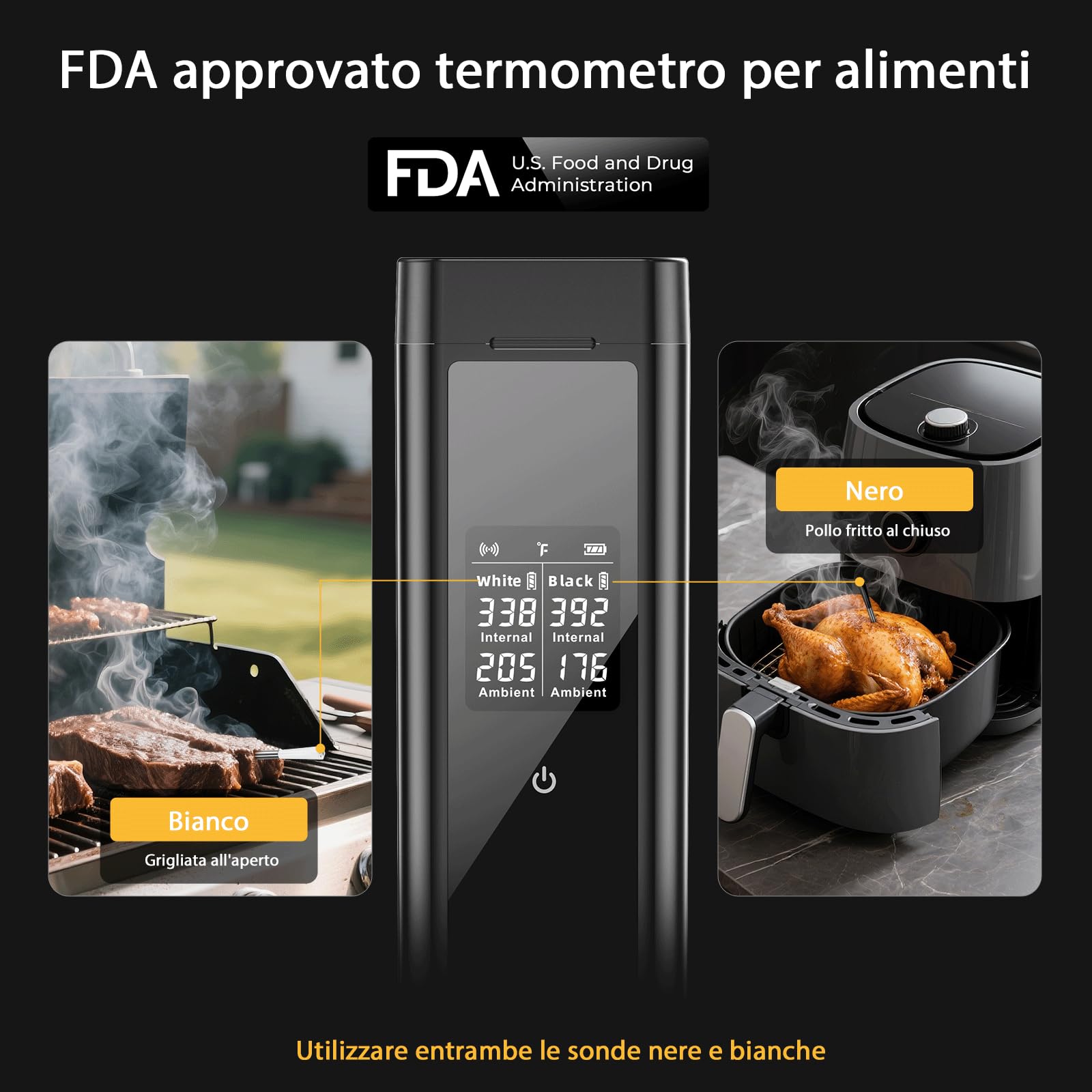 BlueSwan Termometro Carne Wireless con 2 Sonde IP67, Lavabile in Lavastoviglie, LCD Display, Scatola Magnetica Allarme Temperatura, 150m Bluetooth APP con 9 Modalità, per BBQ, Forno, Cucina, Camper