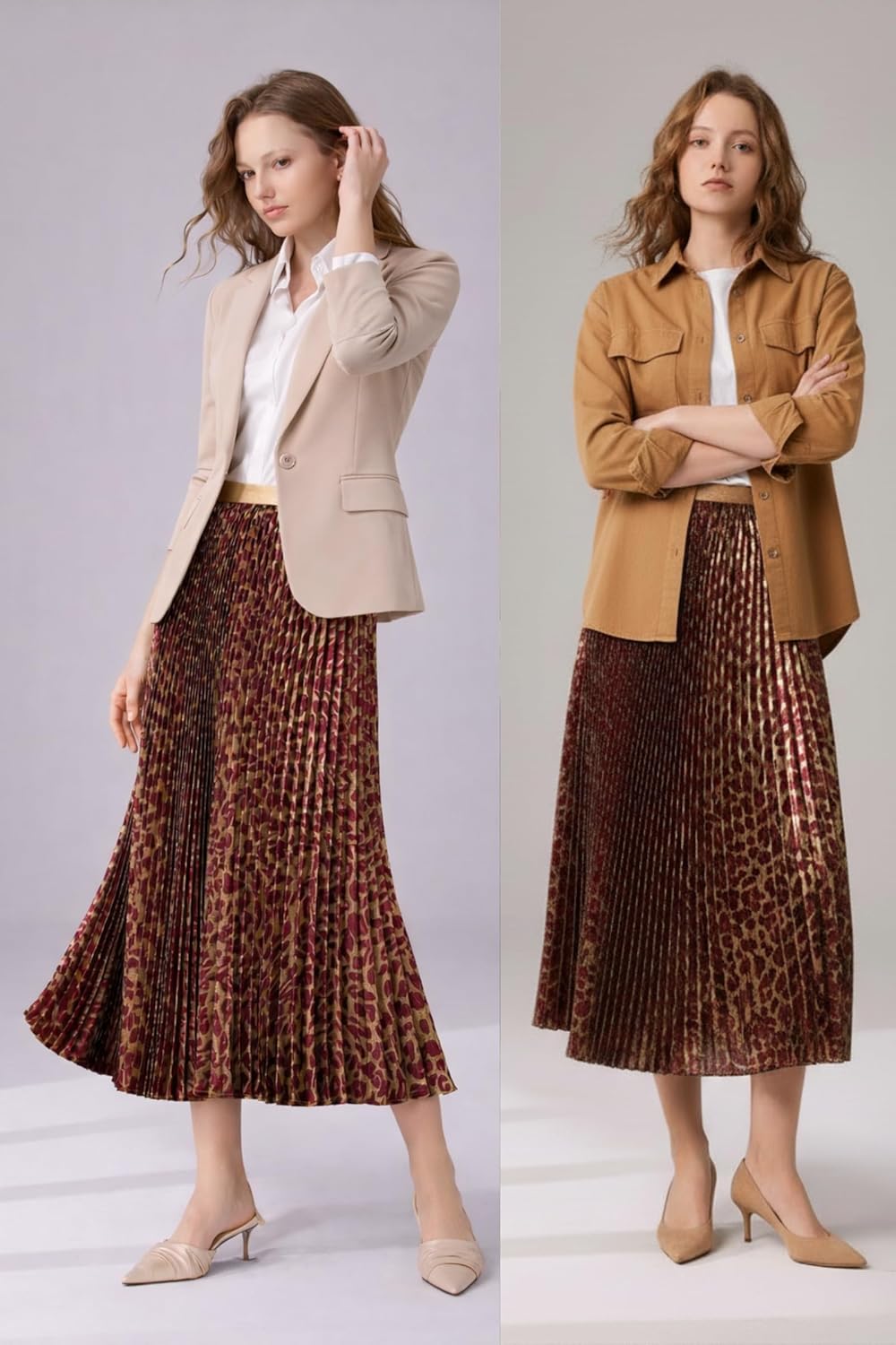 Women's Metallic Pleated Midi Skirt – Shiny Finish, High Waist Bias Cut A-Line Swing Long Skirt