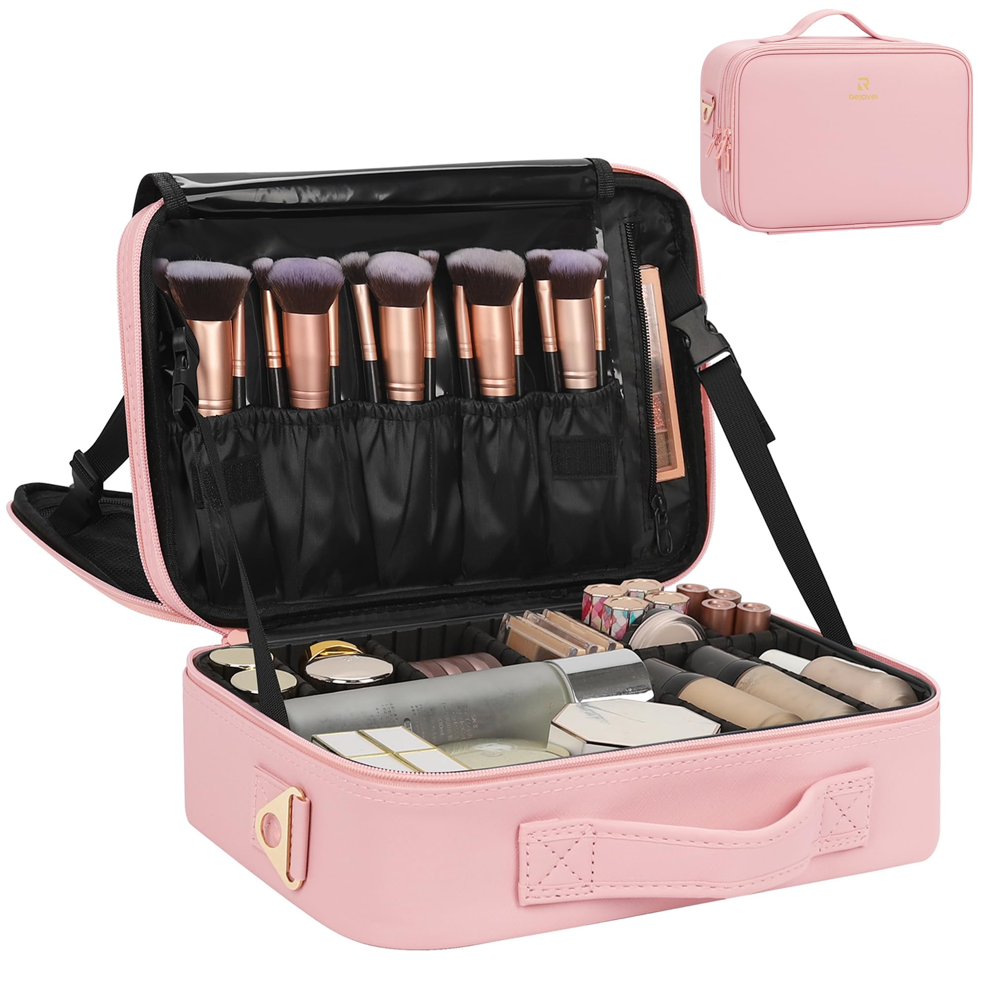 Relavel Travel Makeup Train Case Makeup Cosmetic Case Organizer Portable Artist Storage Bag with Adjustable Dividers for Cosmetics Makeup Brushes Toiletry Jewelry Digital Accessories