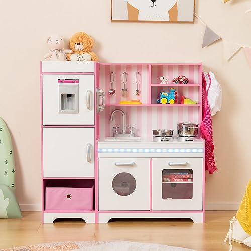 Miniatura 9 de HONEY JOY Juego de cocina para niños con luces, juego de cocina de juguete de chef de madera con contenedor de almacenamiento, máquina de hielo,
