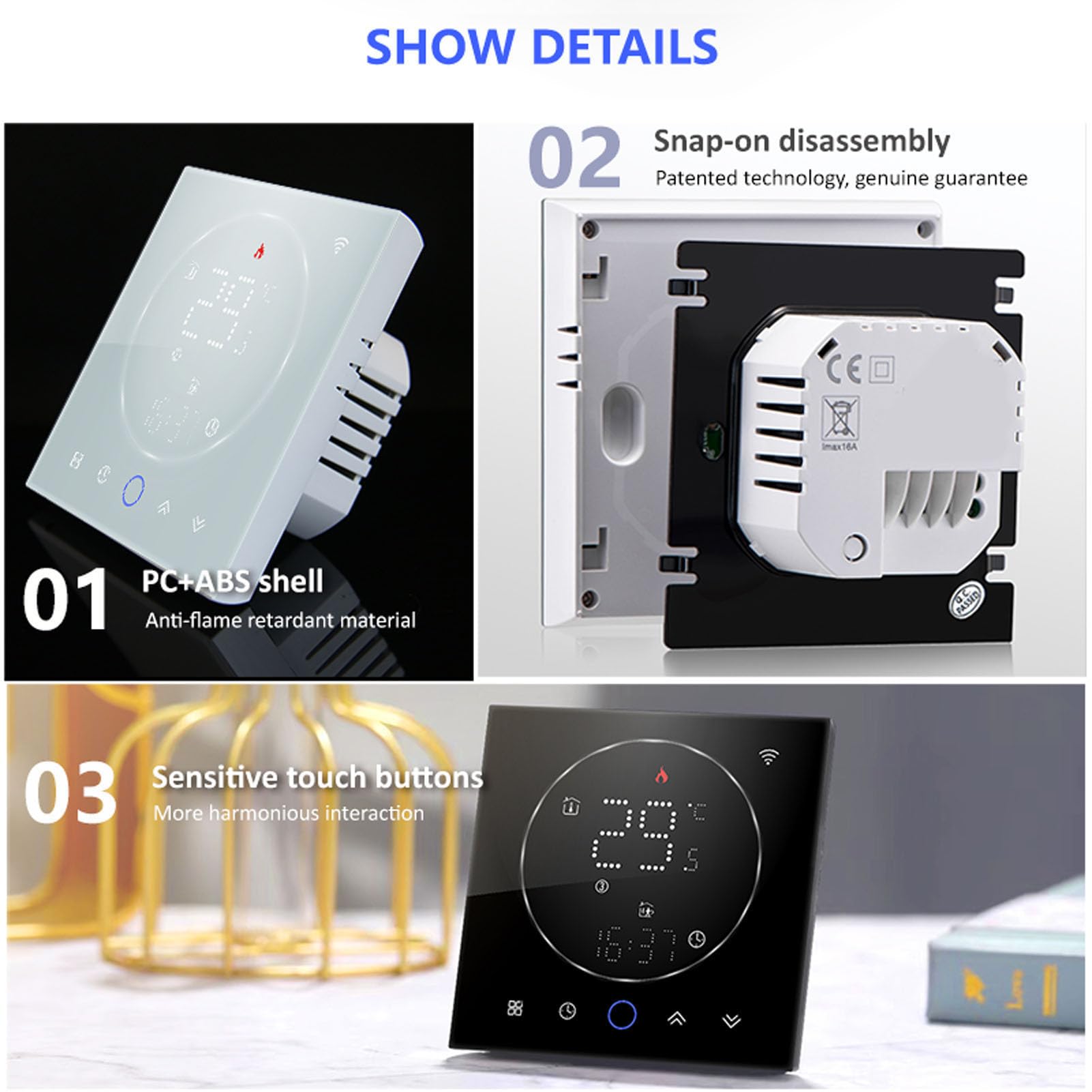 Cocoarm Programowalny Inteligentny Termostat Domowy, Inteligentny Termostat WiFi AC95 do 240V 16A Sterowanie Głosowe z Ekranem Dotykowym LED 41 do 95F Ogrzewania Elektrycznego Mieszkanie Biurowe w