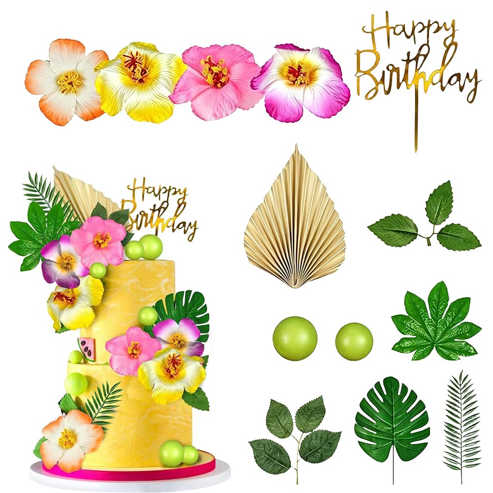 25Pcs Hawaiian Cake Decorations Set, Tropical Luau Cake Toppers with Artificial Hibiscus Flowers, Palm Leaves, Golden Happy Birthday Sign & Green Balls for Summer Beach Birthday Party Supplies