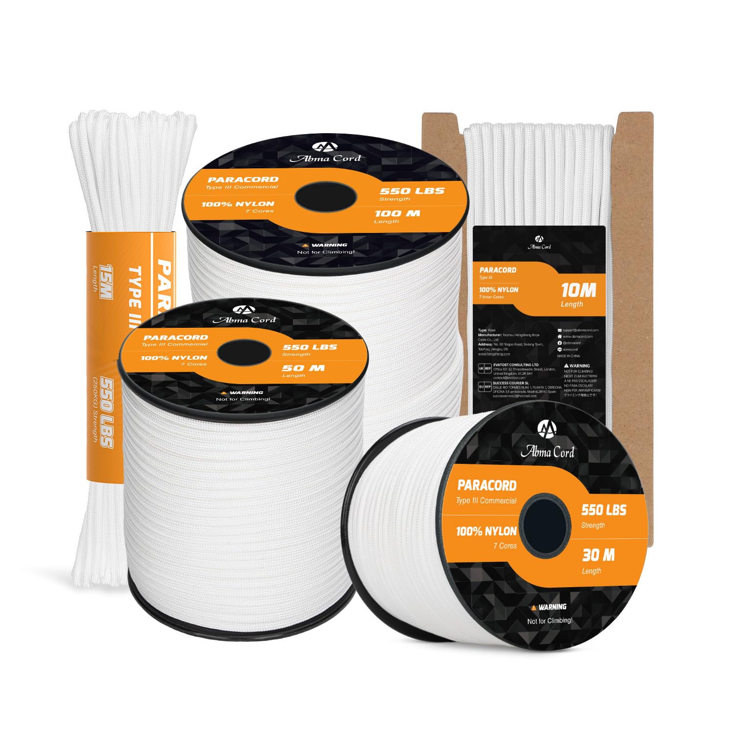 Abma Cord Paracord 550 4mm 10m 100% Nylon Rope Type III 7 Strands Parachute Cord for DIY, Camping, Survival, Outdoor - Max. 250kg - White