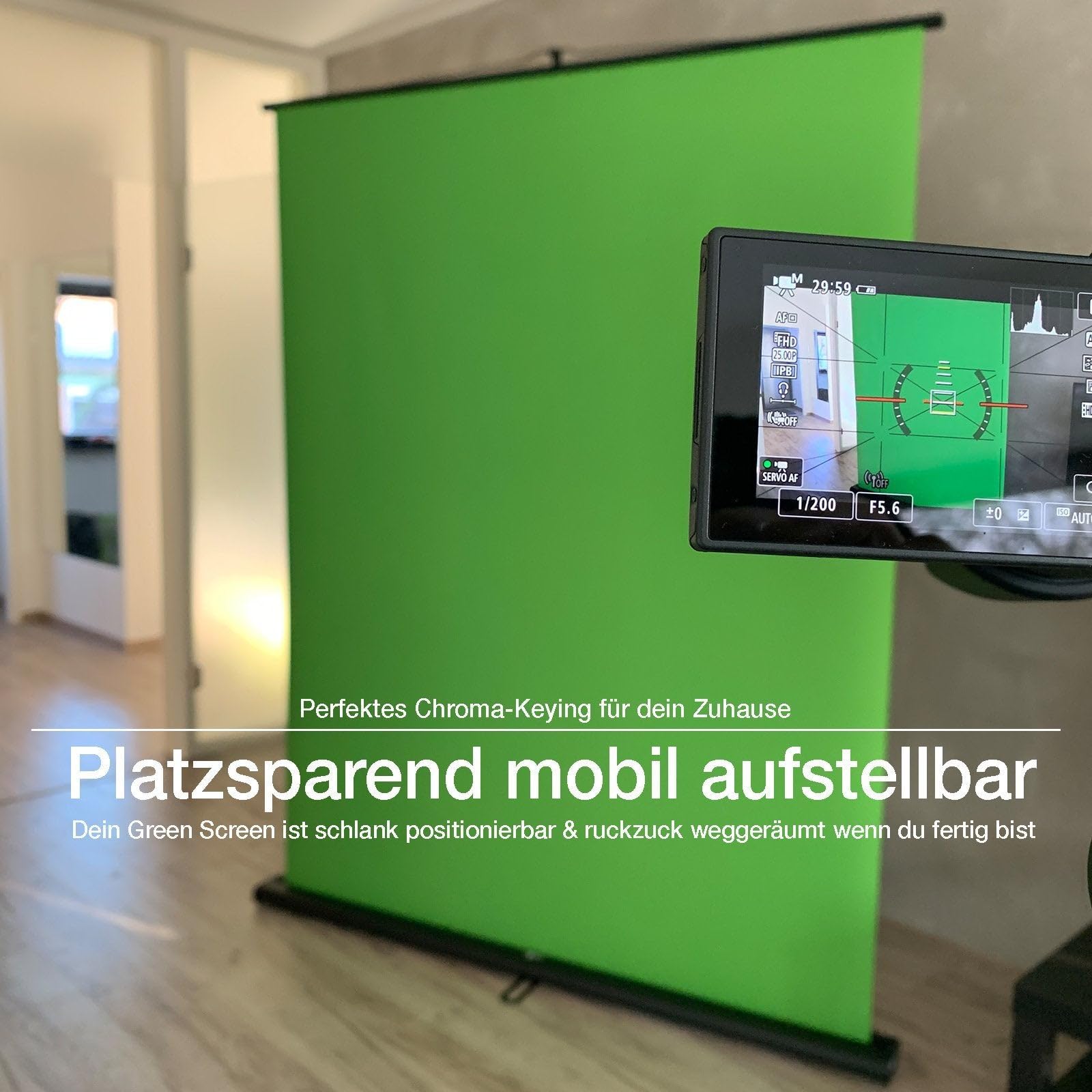 Floordirekt Greenscreen Rollup Ausfahrbarer Fotohintergrund mit Ständer | Chroma Key Panel Leinwand für Content Streaming Fotografie, Video, TV, Gaming | Studio Hintergrundentfernung | 150x200cm
