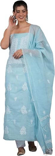 Firgun Linen Lucknowi Chikankari Unstitched Kurta with Dupatta Set Dress Material for Women, 100% Hand Embroidered