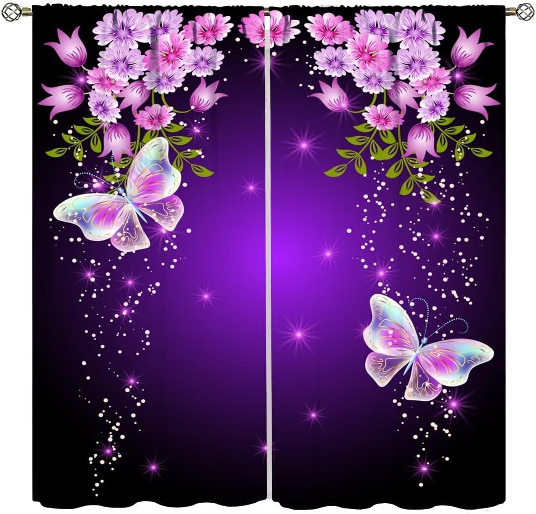 Purple Butterfly Curtains,Modern Fantasy Style Semi Blackout Window Treatments for Girls Bedroom Living Room Pink Flower Home Décor Drapes 2 Panels Total Size 63 x 63 Inch