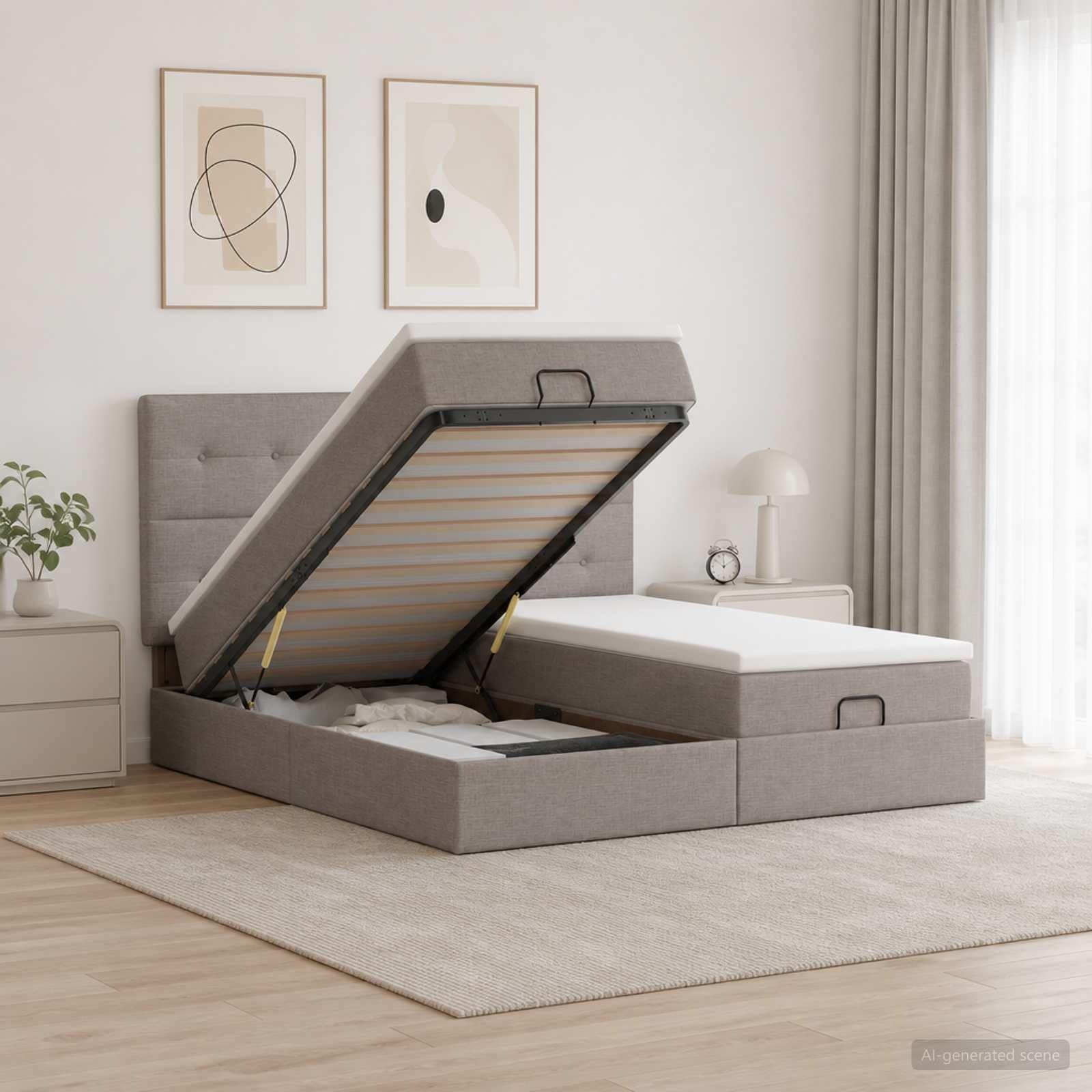 Ottoman Bett mit Matratze und Kopfteil 2 STK. Taupe Stoff | Verstellbares Kopfteil 78-88 cm, Taschenfederkern, Topper, abnehmbare waschbare Bezüge, Stauraum, Lattenrost