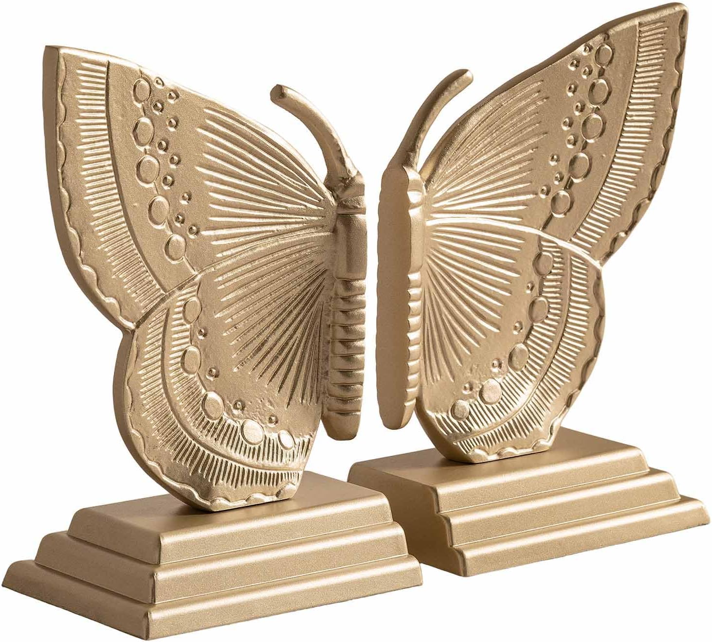 Sujetalibros de mariposa dorado mate, par de soportes de libros de metal resistente con base de fieltro antideslizante, organizador decorativo para