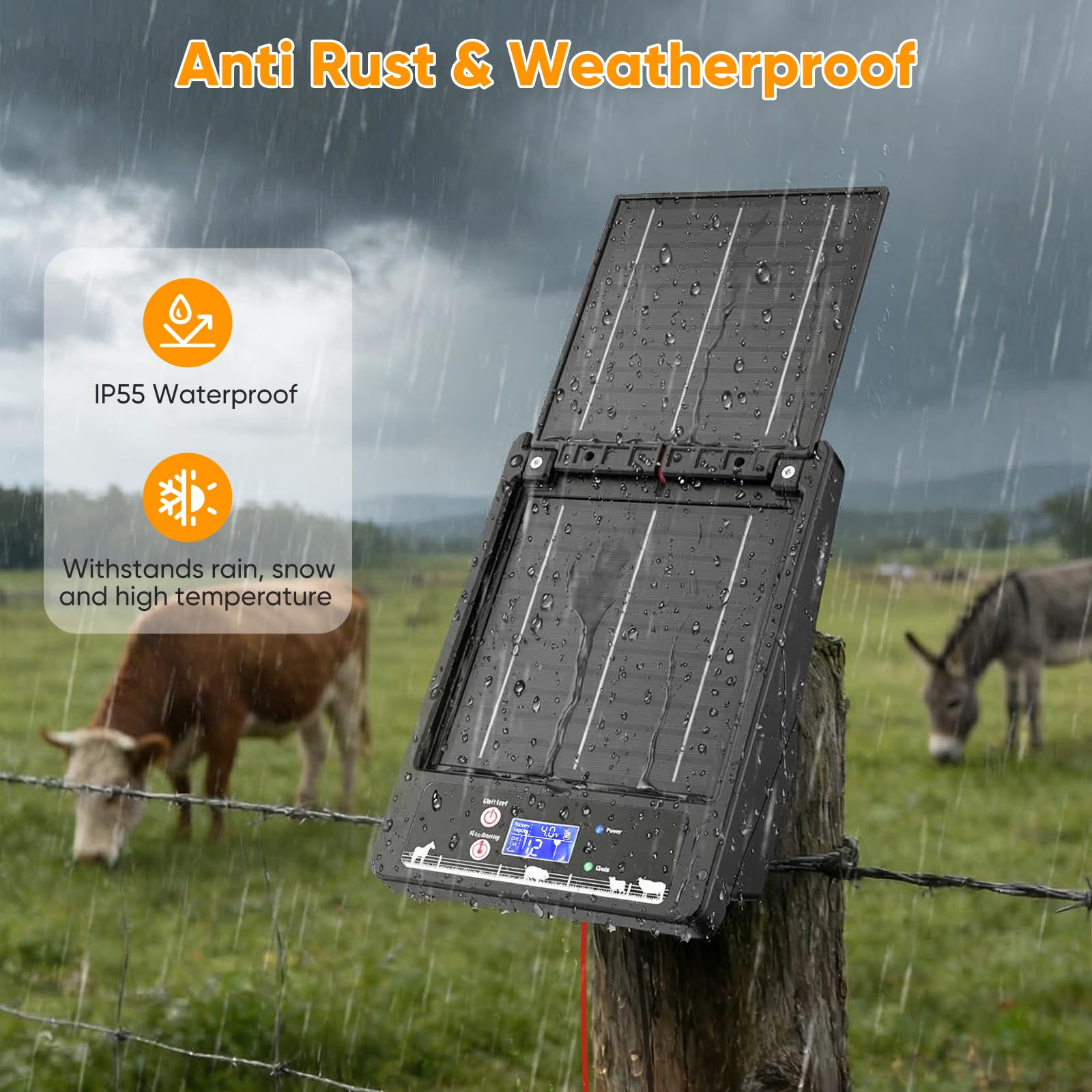 Kit de valla eléctrica con energía solar, 6-12 kV, voltaje ajustable, 0,3 – 2,0 J, batería de 18000 mAh, dos paneles solares de 10 W, alcance de 32 km, IP55 impermeable, para agricultura, jardín