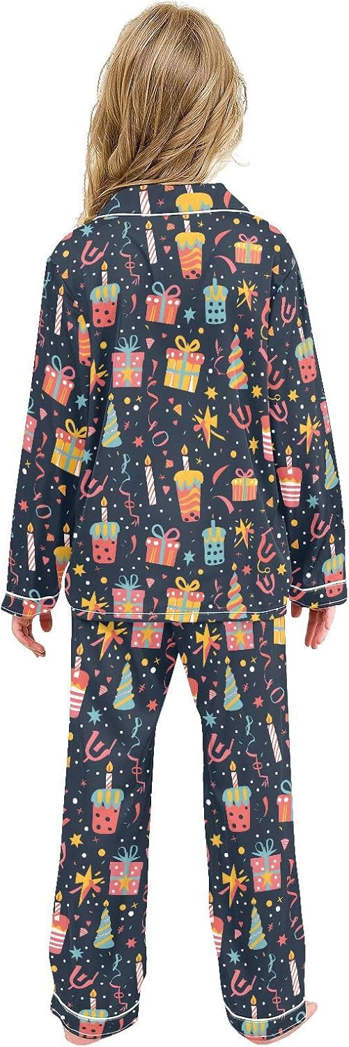 senya Happy Birthday Cake Satin Pajama Sets Long Sleeves Nightwear Button Down Sleepwear