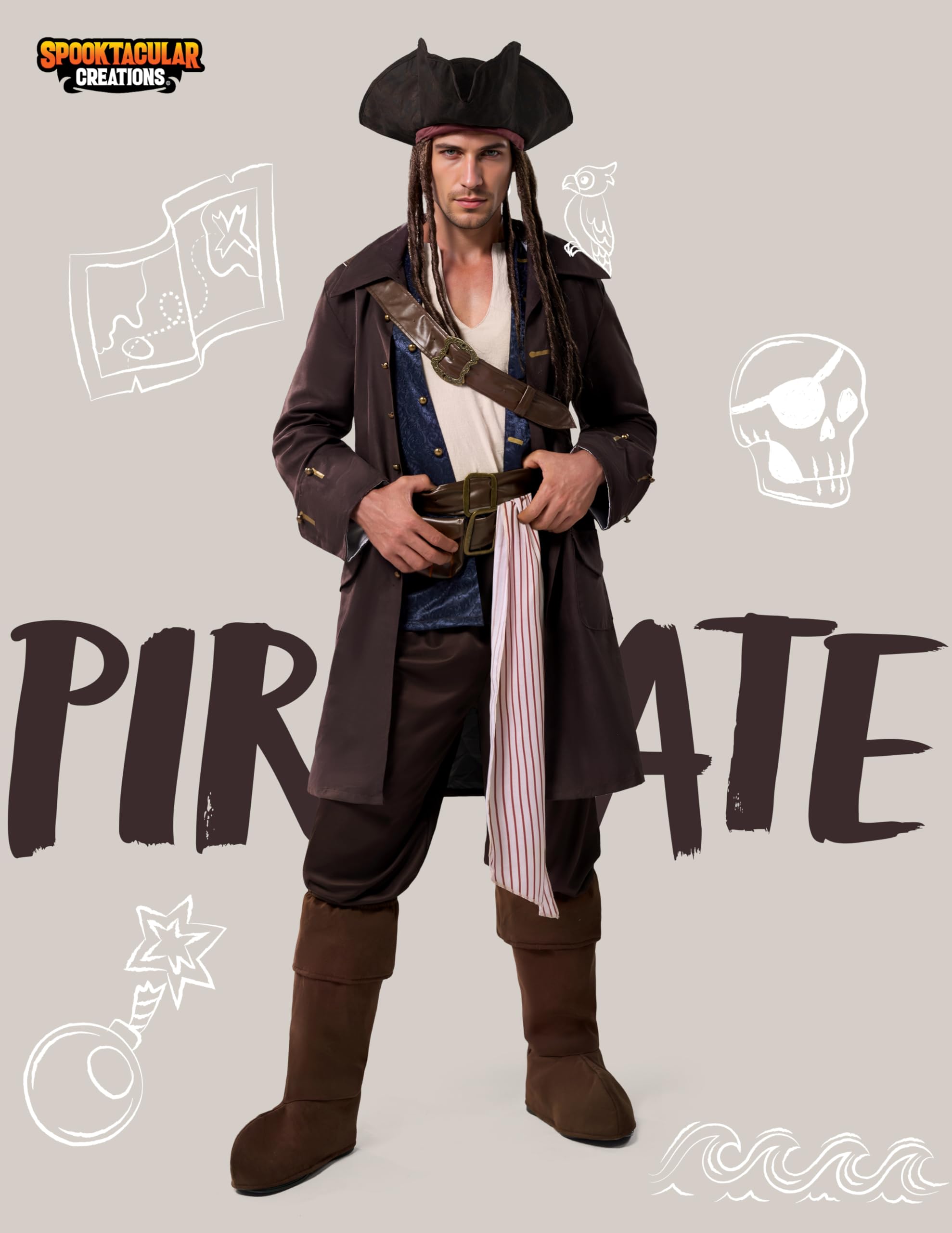 Spooktacular CreationsCostume da pirata di Halloween per uomo, con cappello e cintura protettiva, per feste a tema cosplay.