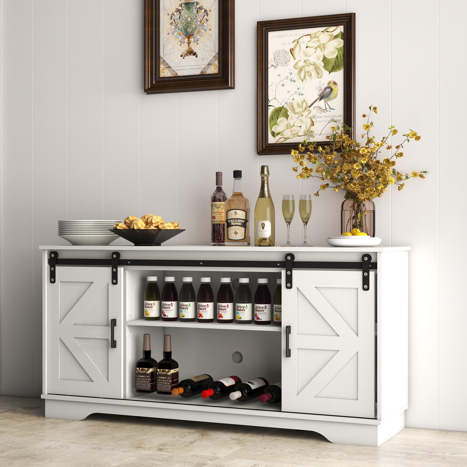 Panana Sideboard, Küchenschrank mit 2 Schiebetüren und Verstellbarem Regal, Aufbewahrungsschrank für Küche, Wohnzimmer, Esszimmer, 150 x 40 x 71 cm (Weiß), FRSB56