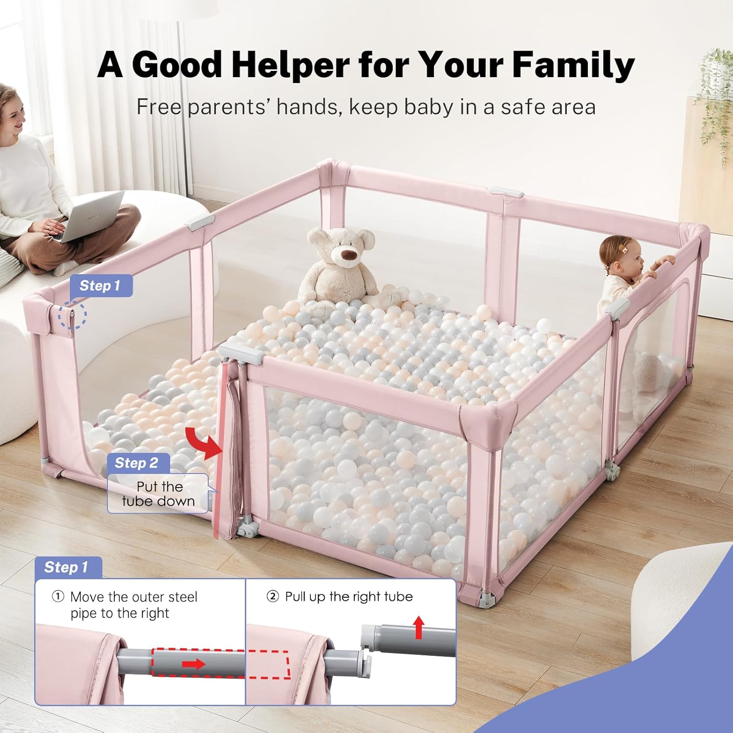 Baby Playpen Portable, Pre-Assembled Play Pen 71x79 Large Foldable Playpen for Babies and Toddlers, Sturdy and Safe Toddler Play Yard Indoor Outdoor with Carry Bag, Pink