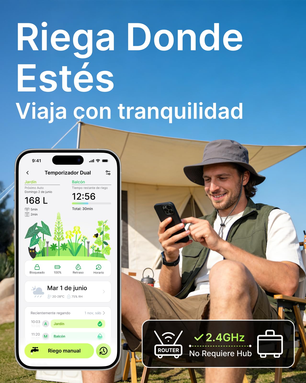 Programador Riego WiFi 2 Vías Solar, Programador de Riego Conectado con Caudalímetro, Sin Hub, Entrada de Agua de Latón, Riego Automático para Jardín (App/Alexa)