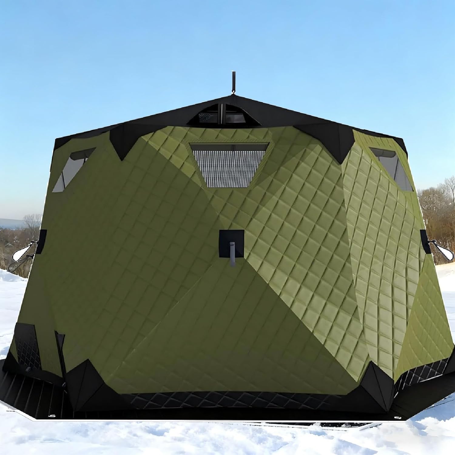 Ice Fishing Shelter, Insulated Ice Fishing Tent with Ground Mat, All-Weather Insulated Fishing Tent with Chimney, for Outdoor Igloo Fishing Easy to Set up Green